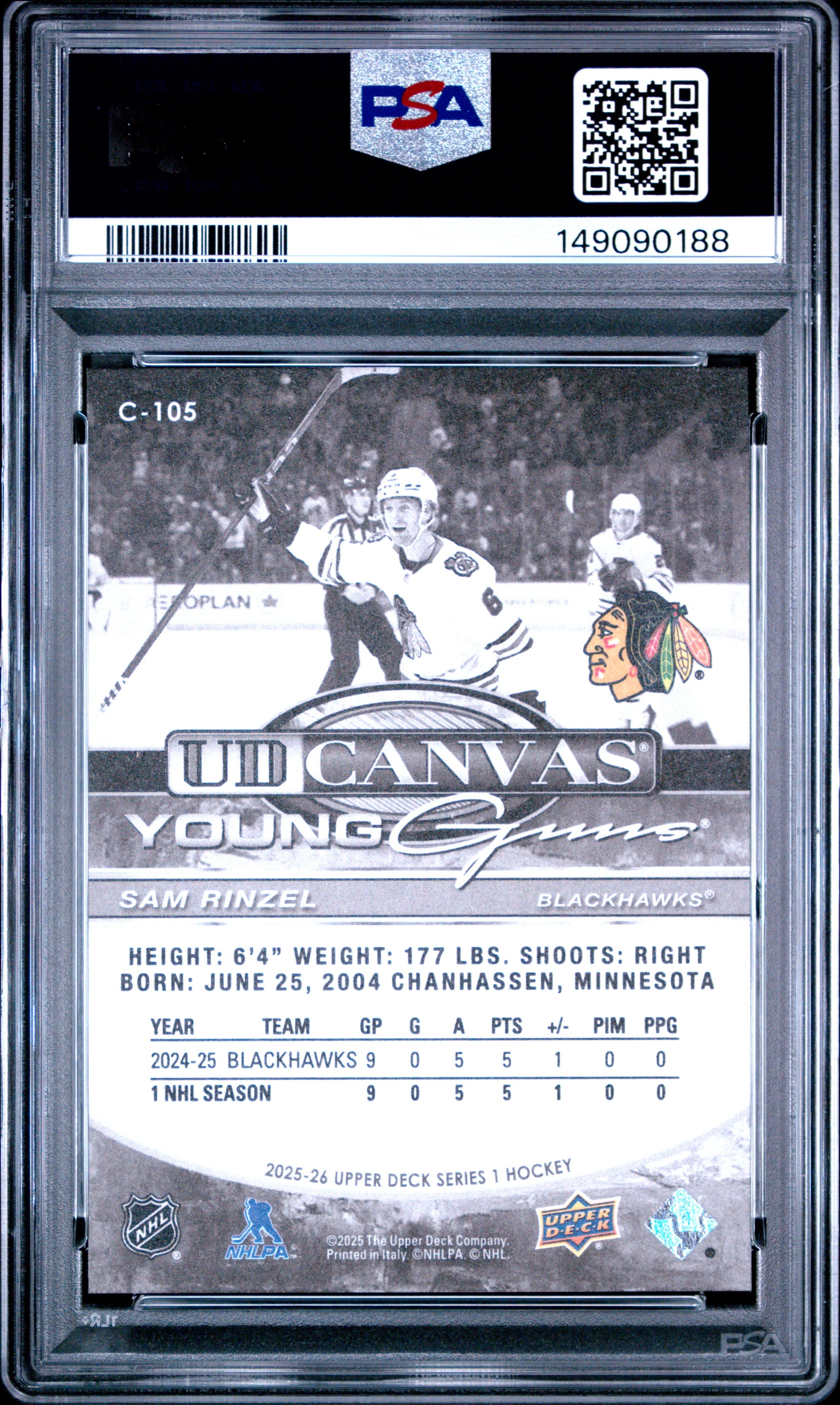 2025 Upper Deck Ud Canvas Sam Rinzel #C-105 Ud Canvas-Black & White PSA 10 Chicago Blackhawks