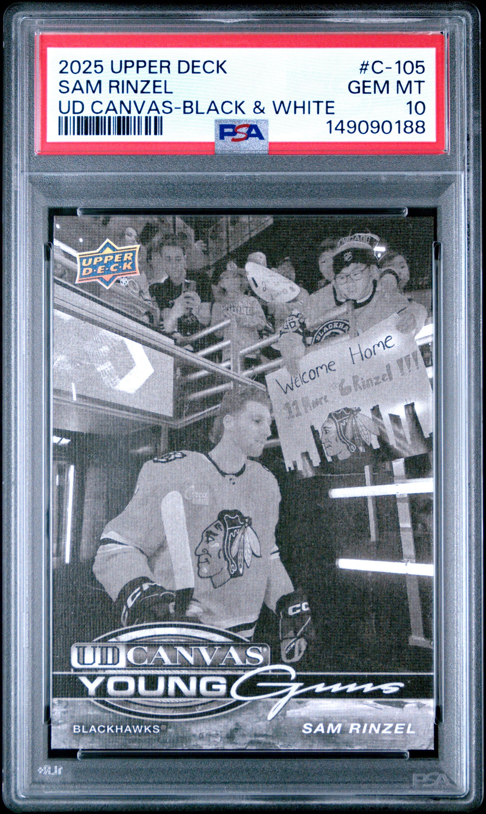 2025 Upper Deck Ud Canvas Sam Rinzel #C-105 Ud Canvas-Black & White PSA 10 Chicago Blackhawks