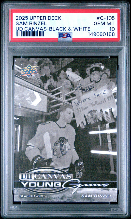 2025 Upper Deck Ud Canvas Sam Rinzel #C-105 Ud Canvas-Black & White PSA 10 Chicago Blackhawks