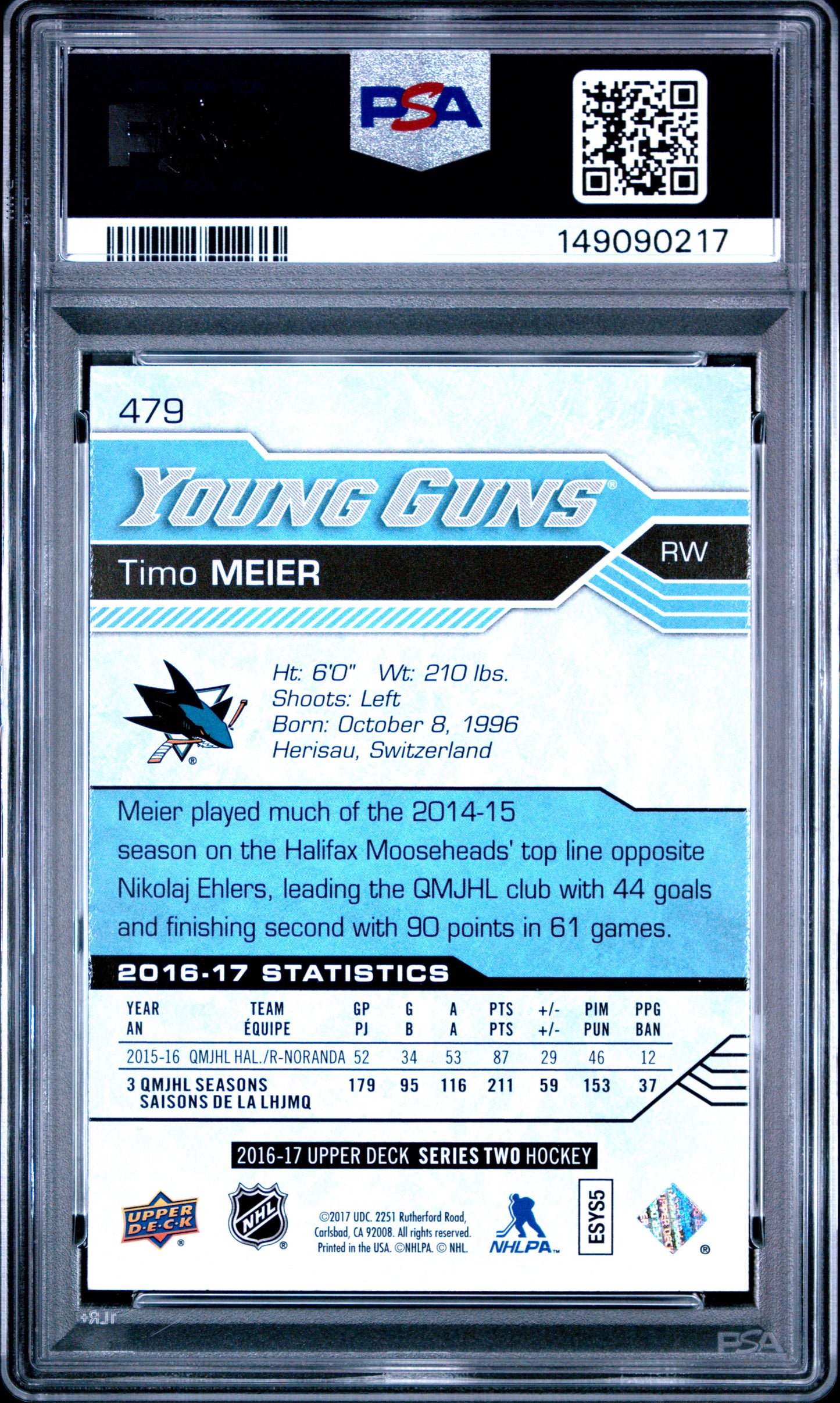 2016 Upper Deck Timo Meier #479 PSA 9 San Jose Sharks
