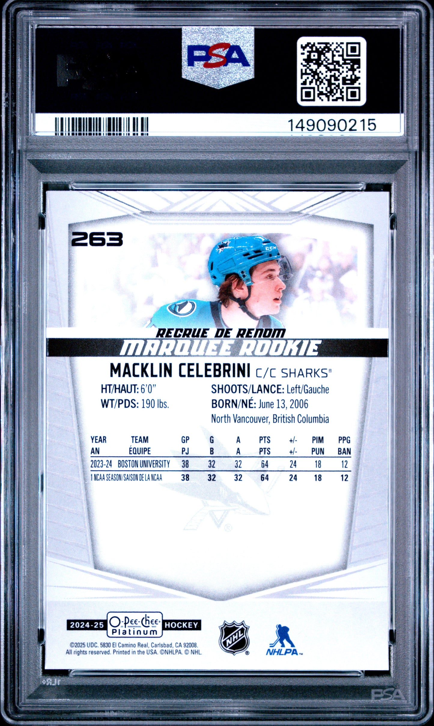 2024 Upper Deck O-Pee-Chee Platinum Macklin Celebrini #263 PSA 9 San Jose Sharks