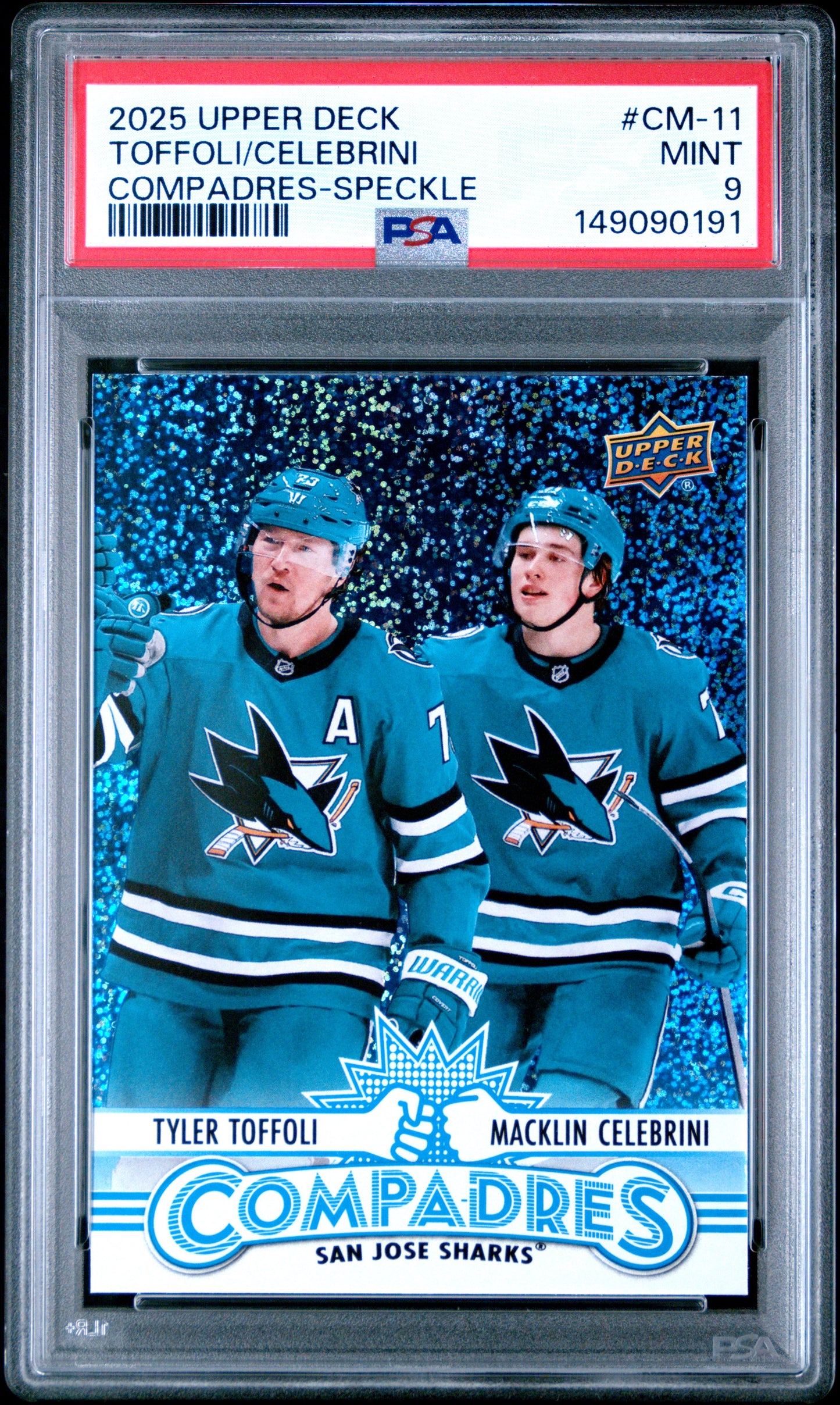 2025 Upper Deck Compadres Toffoli/Celebrini #CM-11 Compadres-Speckle PSA 9 San Jose Sharks