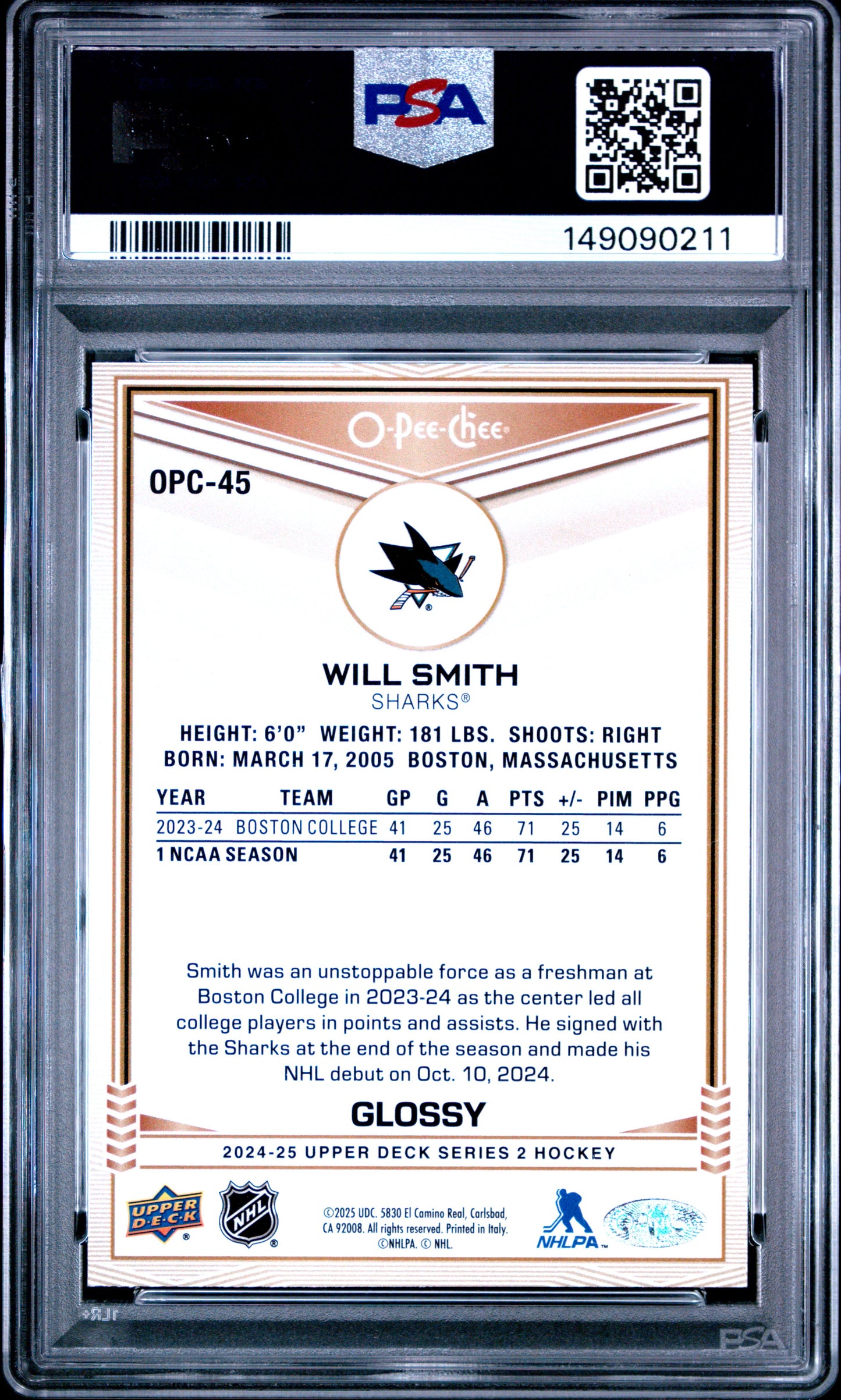 2024 Upper Deck O-Pee-Chee Glossy Will Smith #OPC45 PSA 10 San Jose Sharks