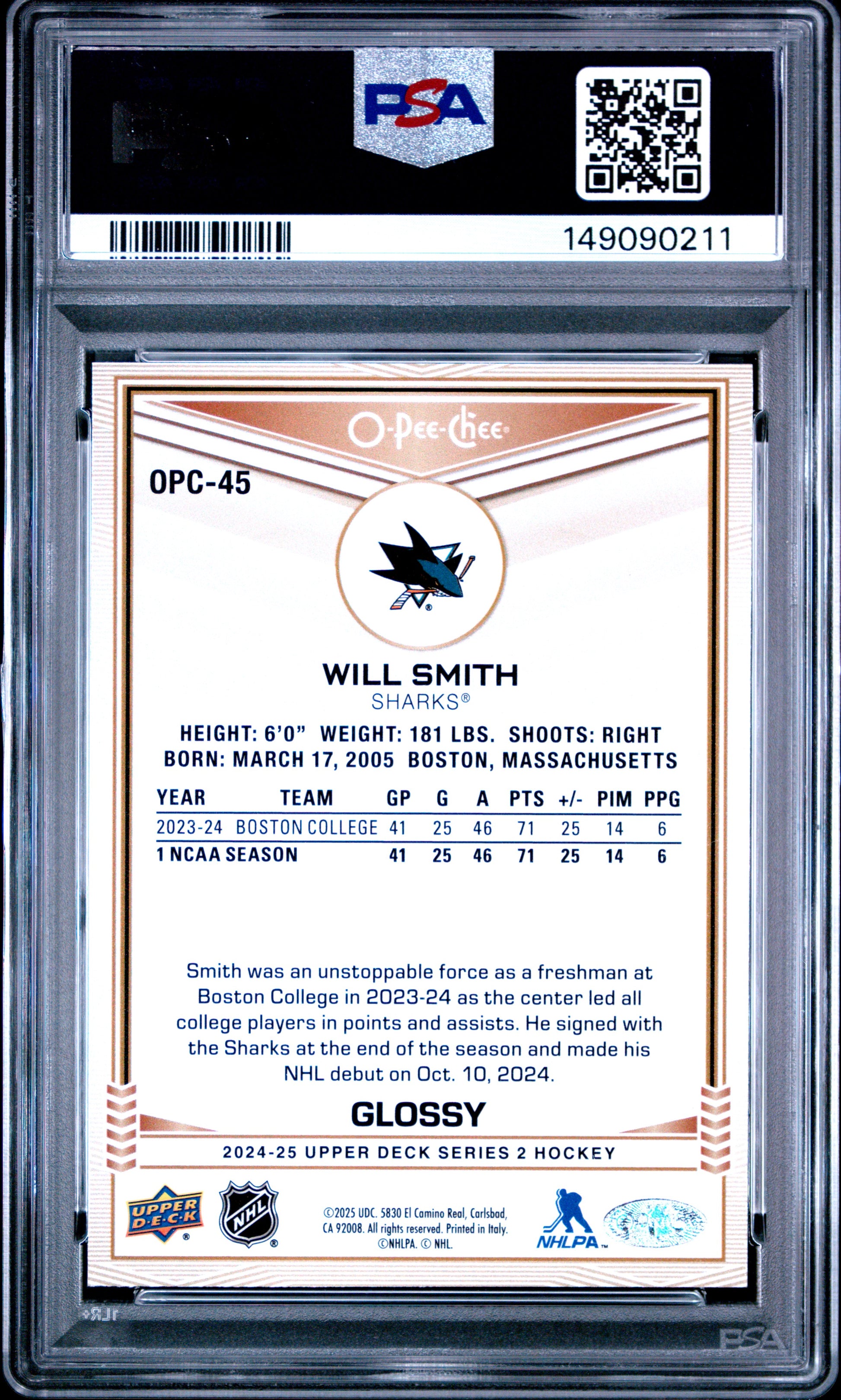 2024 Upper Deck O-Pee-Chee Glossy Will Smith #OPC45 PSA 10 San Jose Sharks