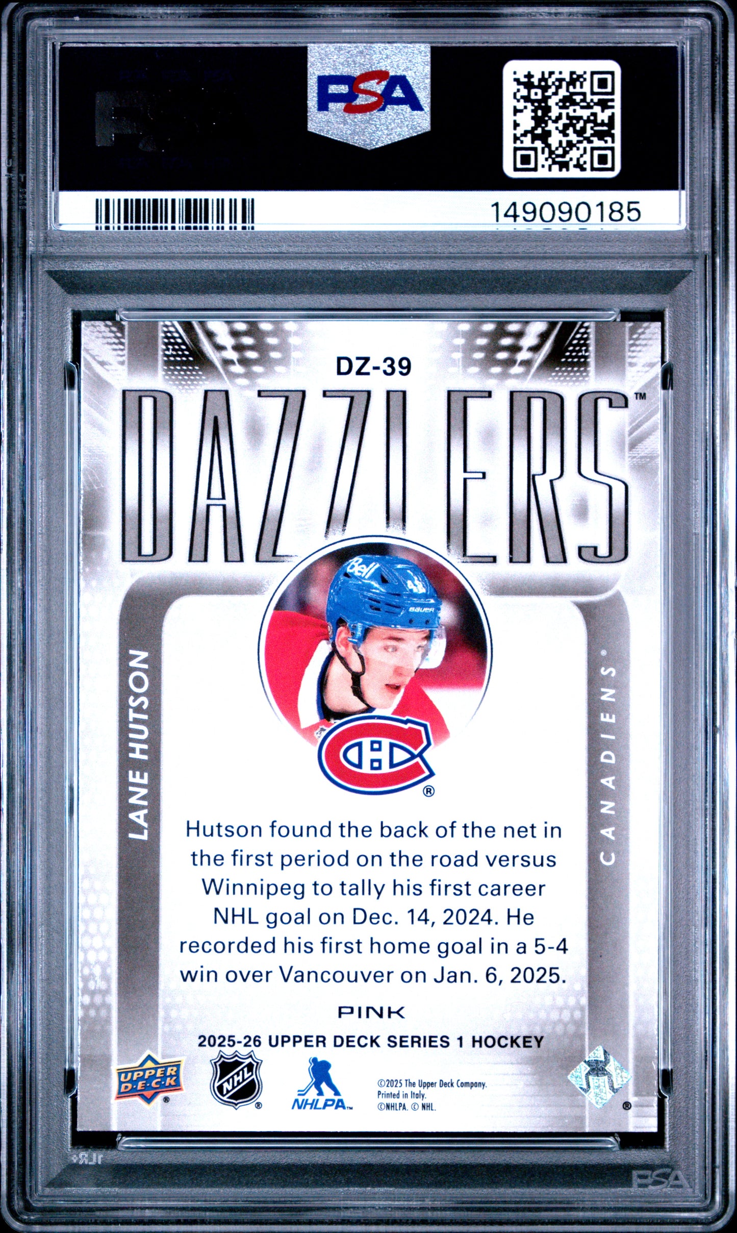 2025 Upper Deck Dazzlers Lane Hutson #DZ-39 Dazzlers-Pink PSA 9 Montreal Canadiens