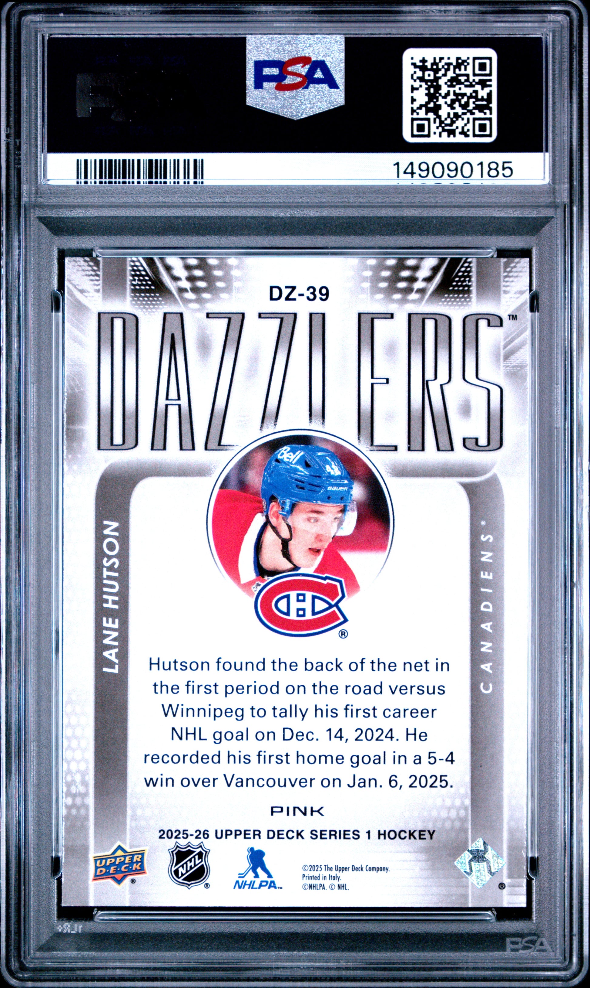2025 Upper Deck Dazzlers Lane Hutson #DZ-39 Dazzlers-Pink PSA 9 Montreal Canadiens