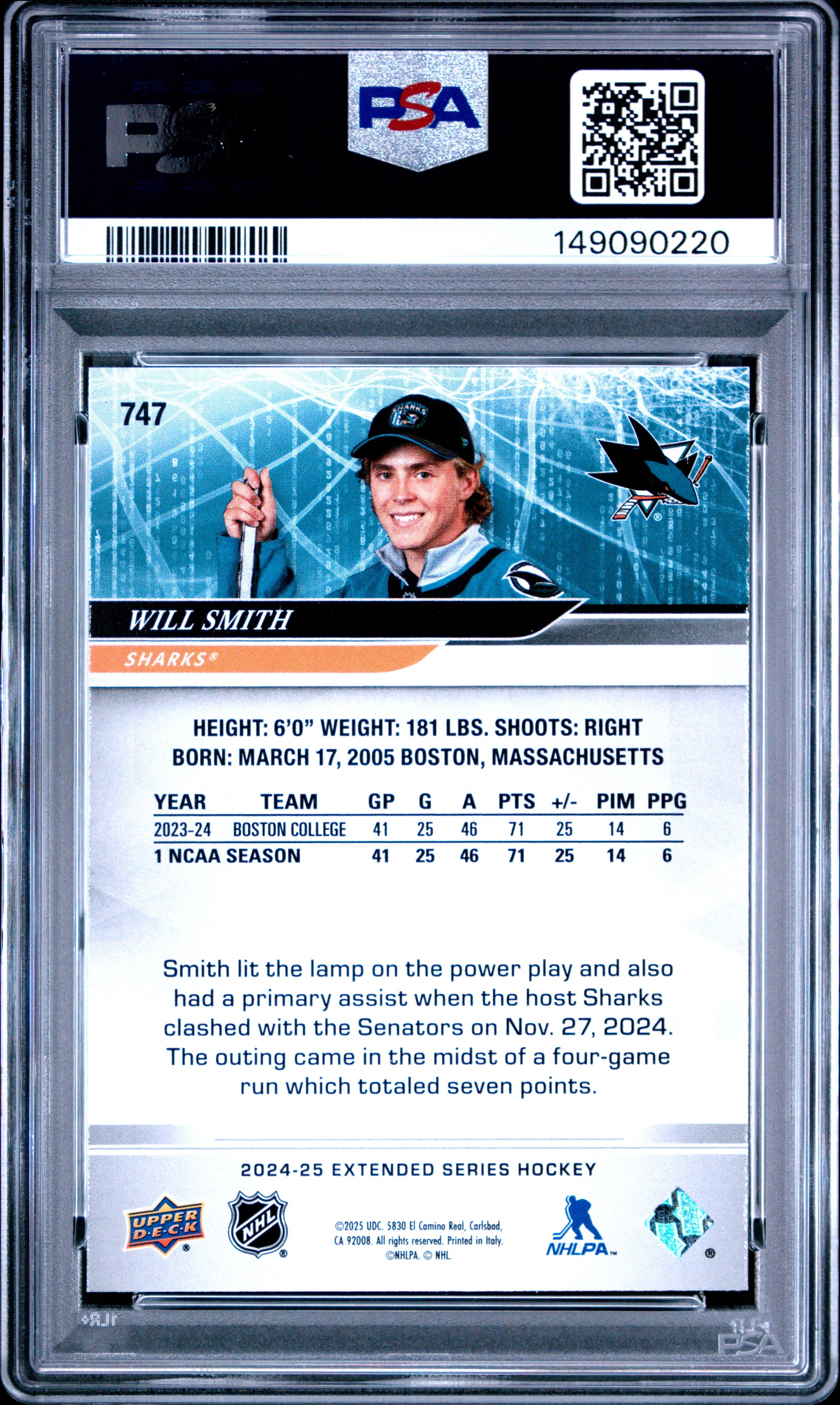 2024 Upper Deck Will Smith #747 PSA 9 San Jose Sharks