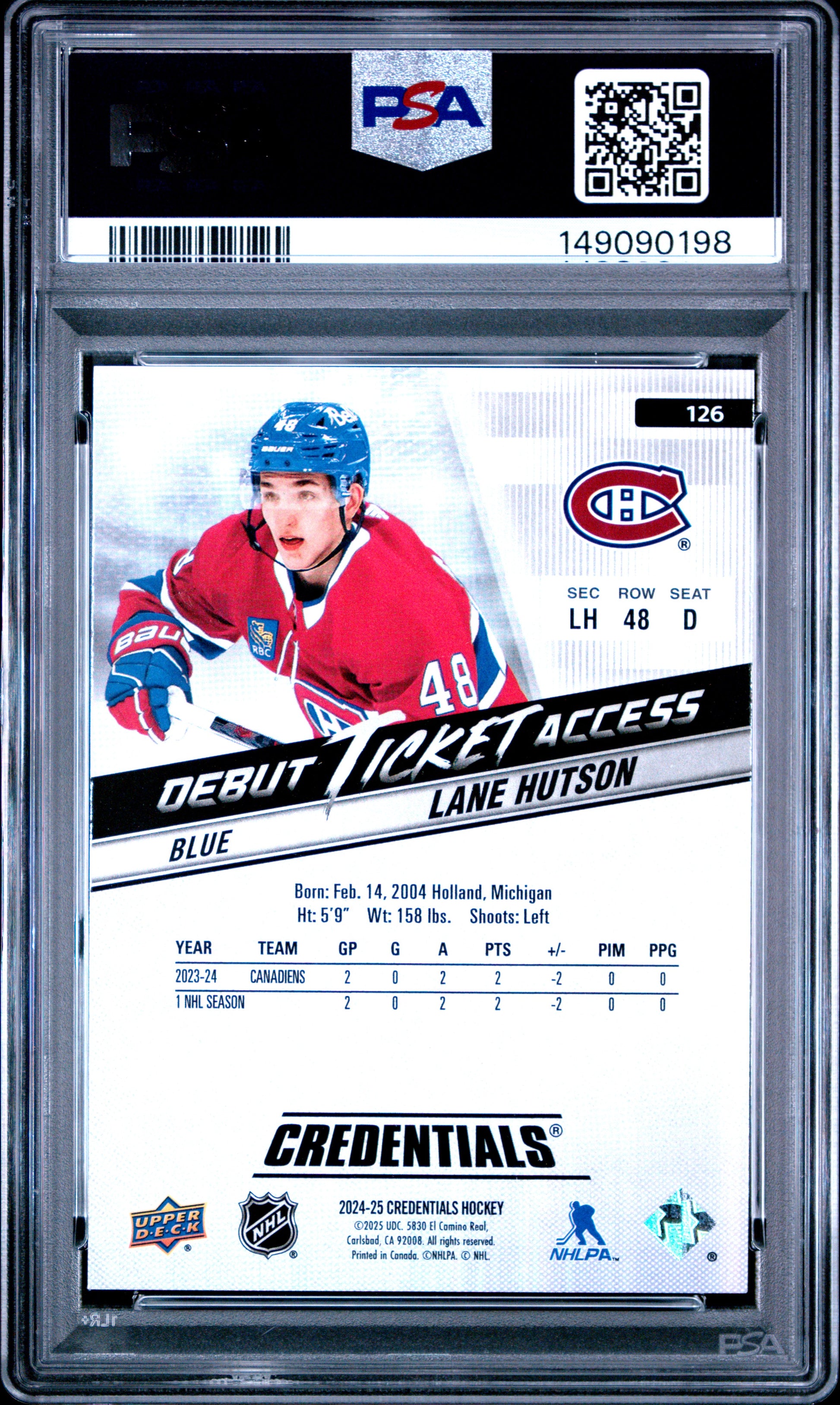 2024 Upper Deck Credentials Lane Hutson #126 Blue PSA 9 Montreal Canadiens