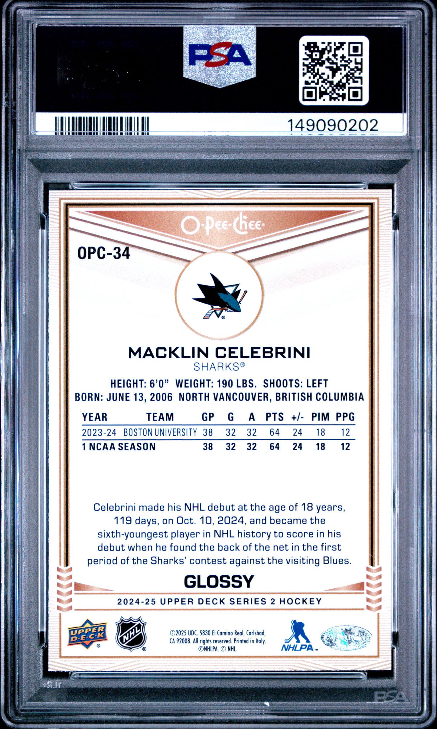 2024 Upper Deck O-Pee-Chee Glossy Macklin Celebrini #OPC34 PSA 10 San Jose Sharks