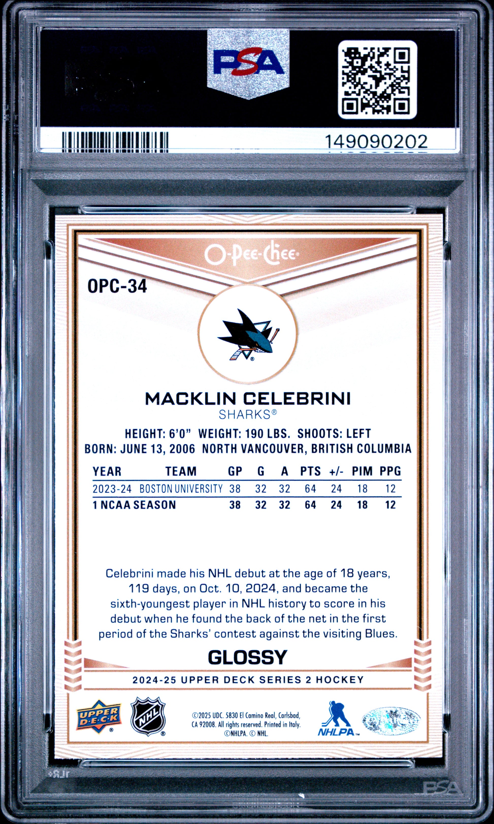 2024 Upper Deck O-Pee-Chee Glossy Macklin Celebrini #OPC34 PSA 10 San Jose Sharks