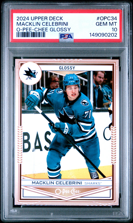 2024 Upper Deck O-Pee-Chee Glossy Macklin Celebrini #OPC34 PSA 10 San Jose Sharks