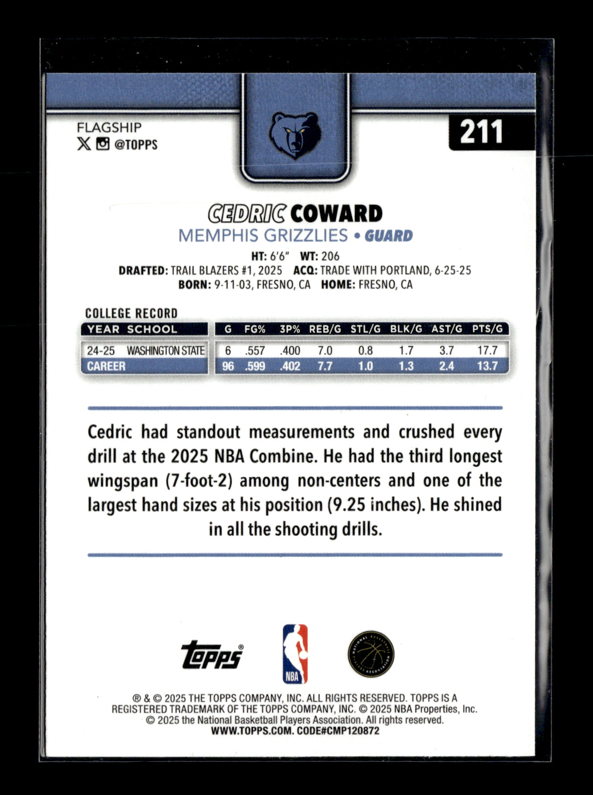 2025-26 Topps Cedric Coward #211 Memphis Grizzlies