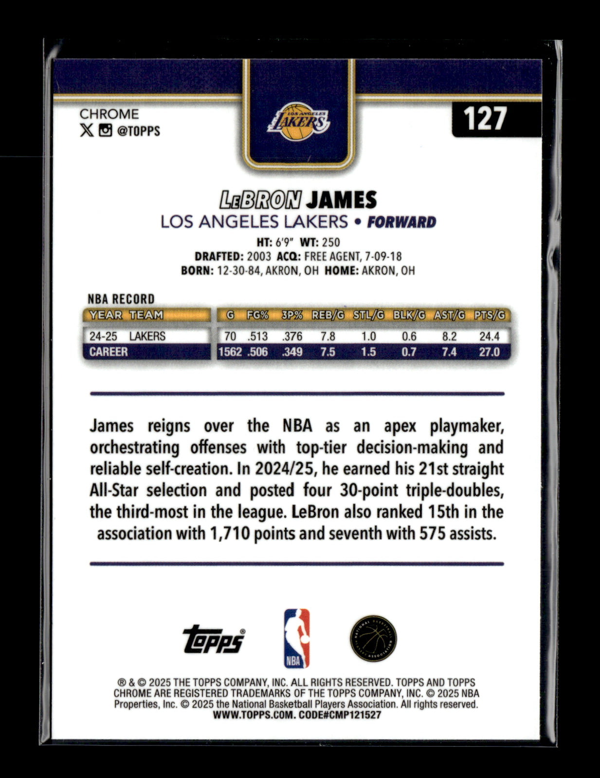 2025-26 Topps Chrome LeBron James #127 Los Angeles Lakers