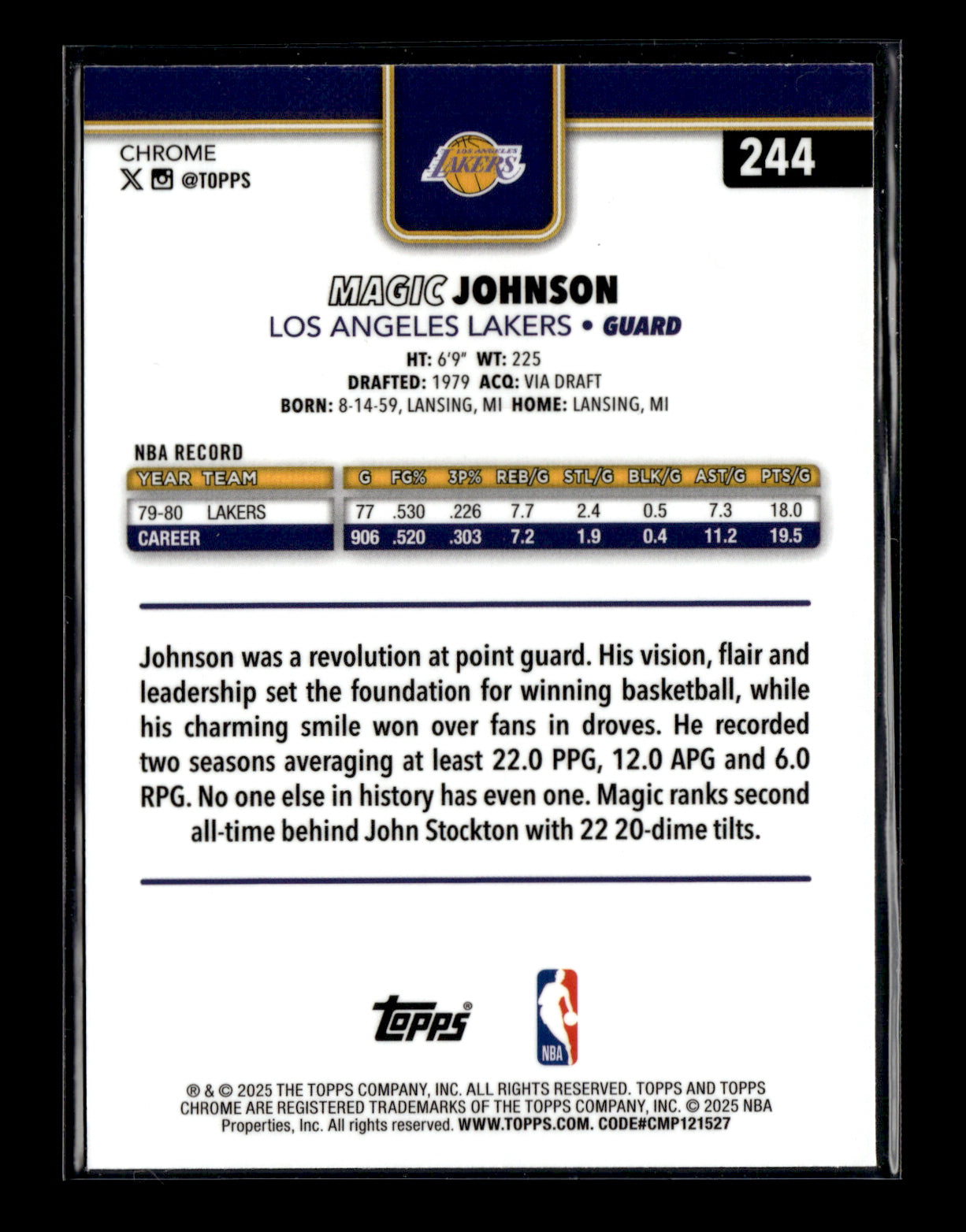 2025-26 Topps Chrome Magic Johnson #244 Pulsar Refractor Los Angeles Lakers