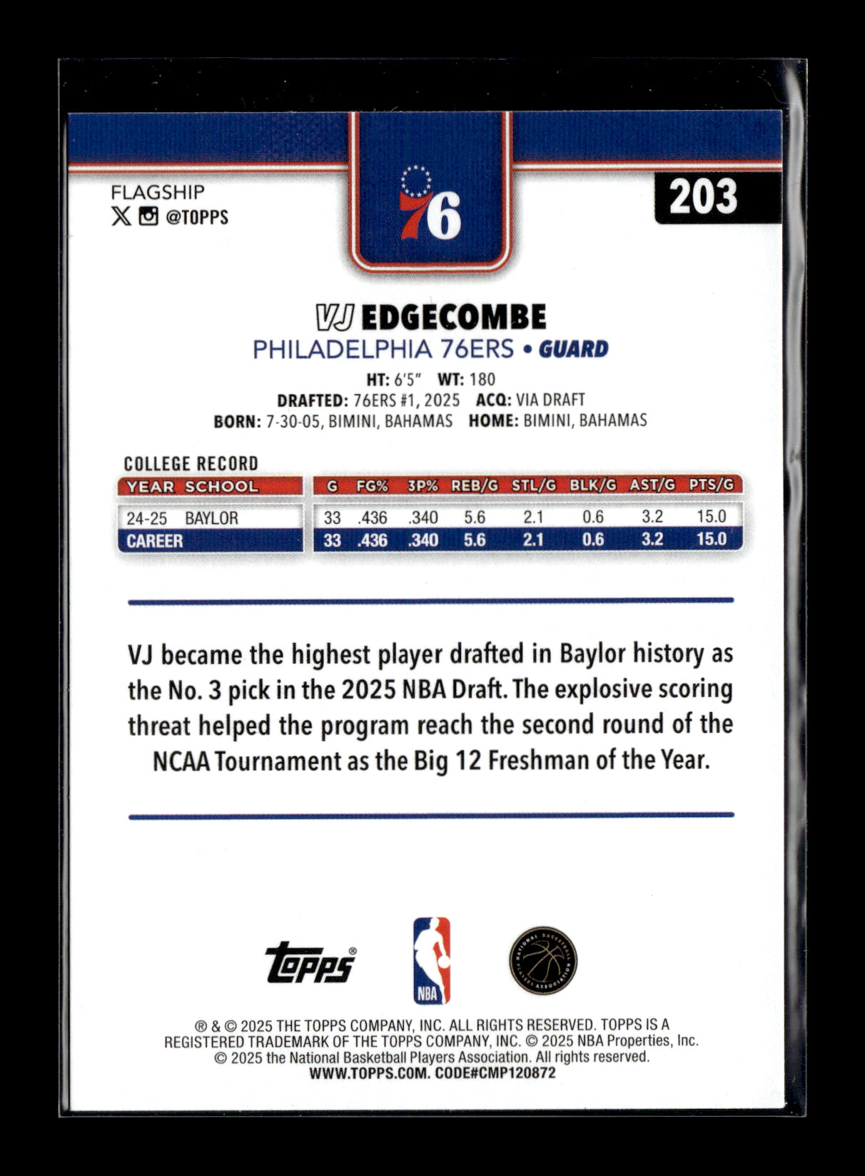 2025-26 Topps VJ Edgecombe #203 Philadelphia 76ers