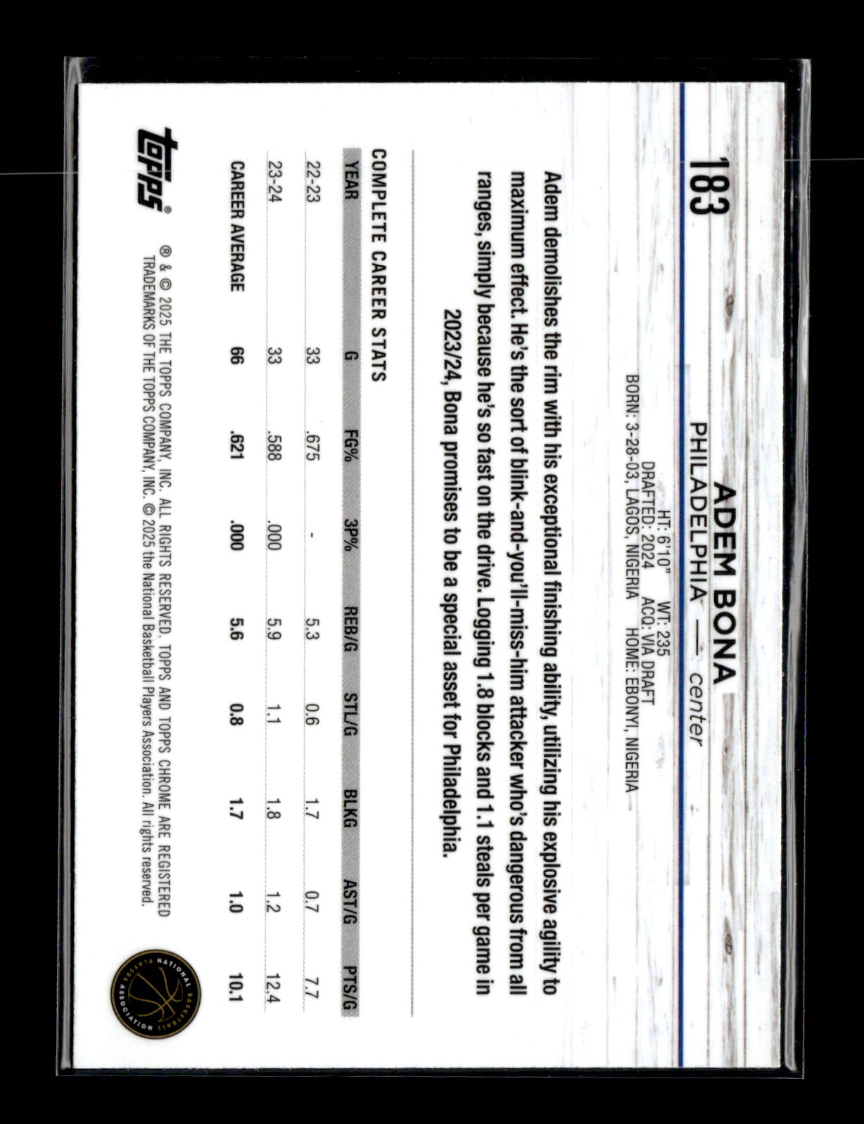 2024-25 Topps Chrome Adem Bona #183 Philadelphia 76ers