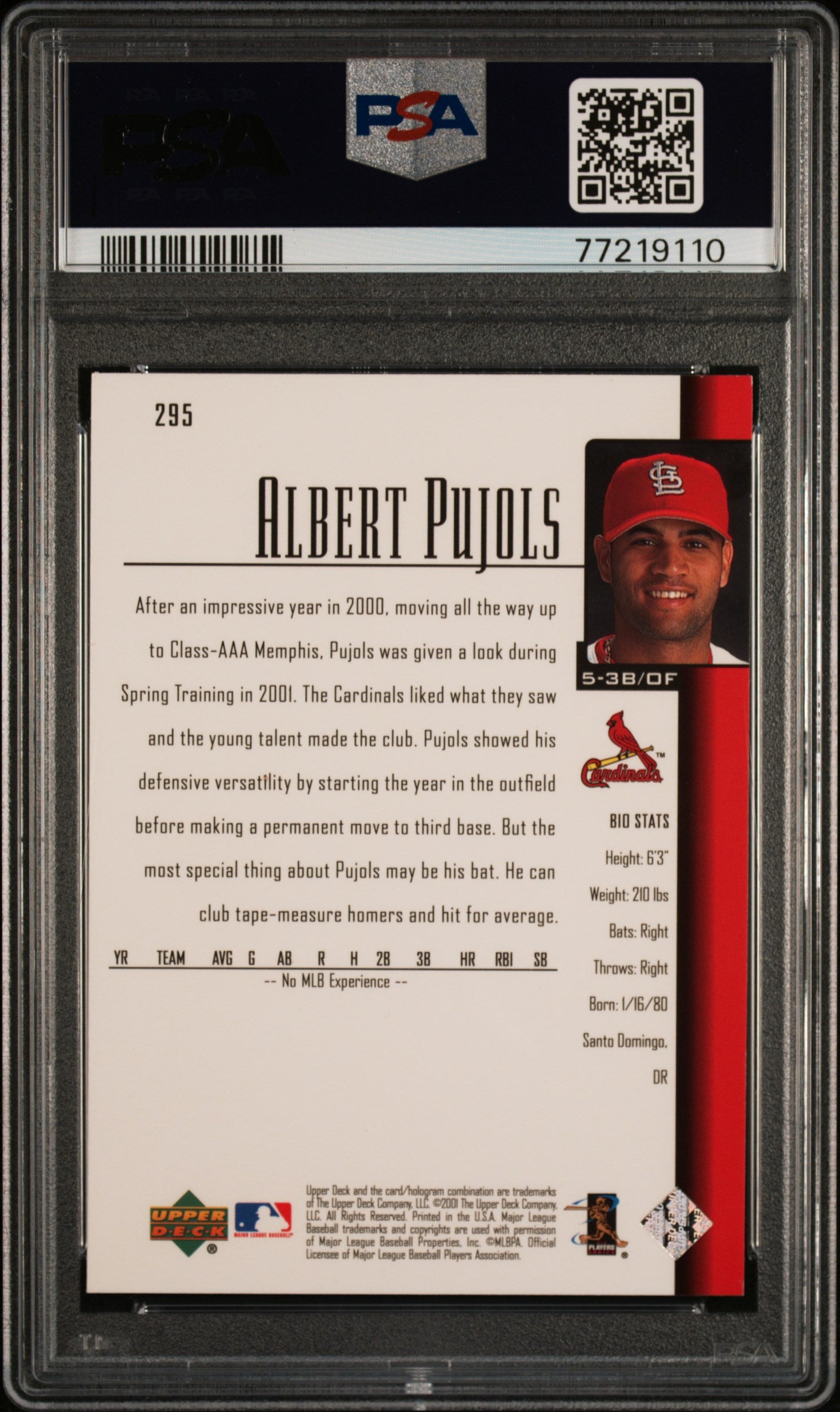 2001 Upper Deck Albert Pujols #295 PSA 9 St. Louis Cardinals