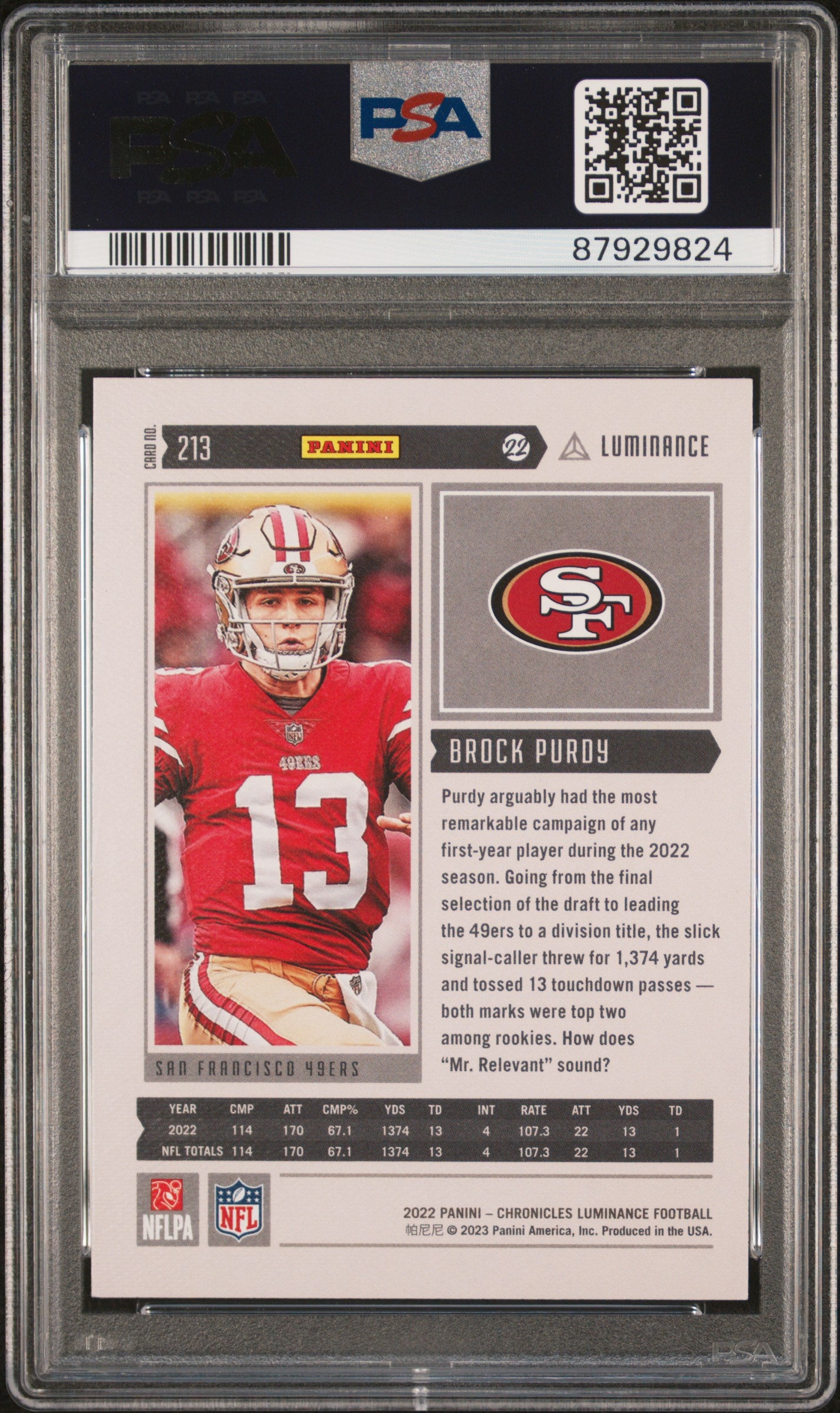 2022 Panini Chronicles Luminance Update Rookies Brock Purdy #213 Luminance Update Rookies PSA 9 San Francisco Niners