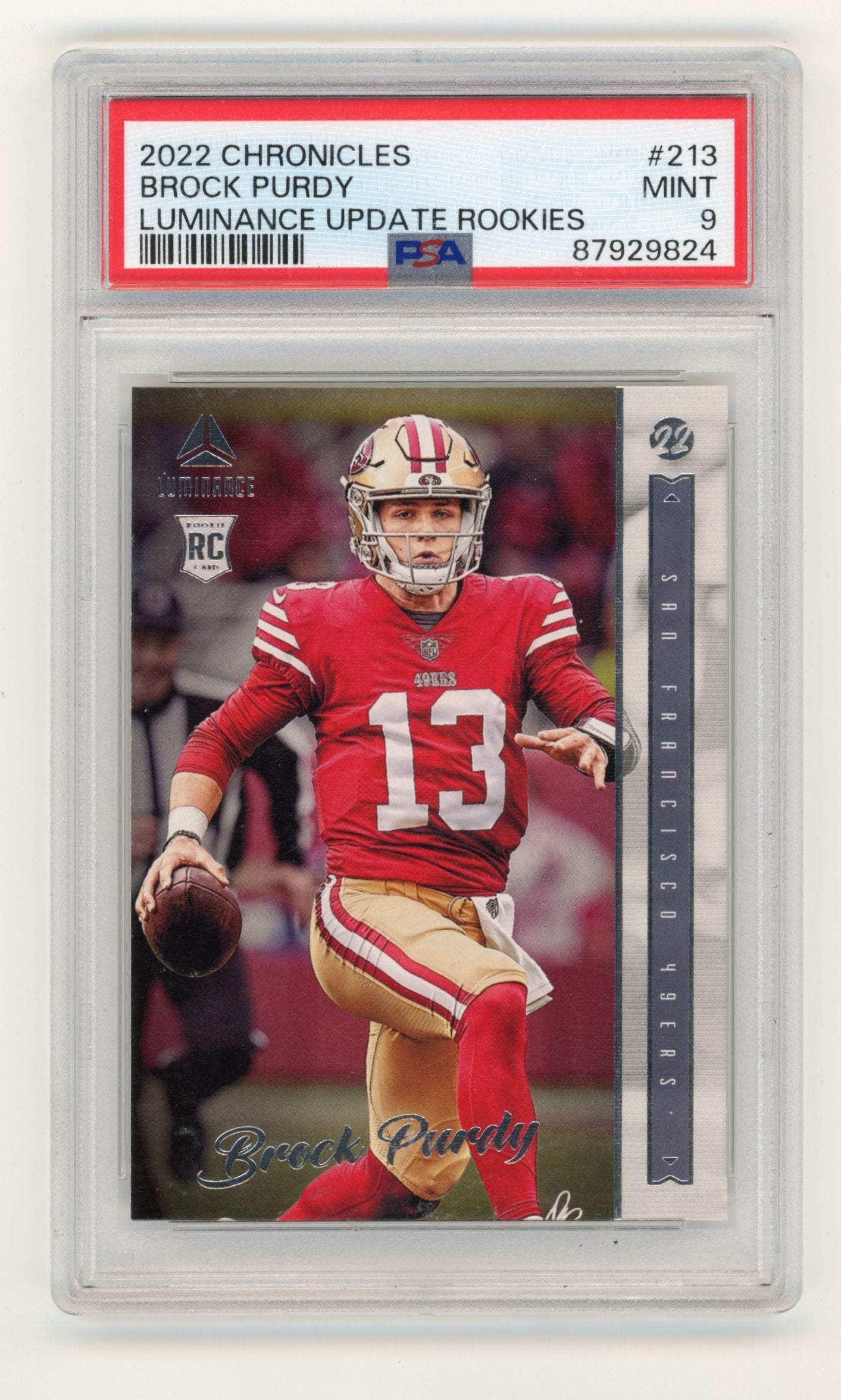 2022 Panini Chronicles Luminance Update Rookies Brock Purdy #213 Luminance Update Rookies PSA 9 San Francisco Niners