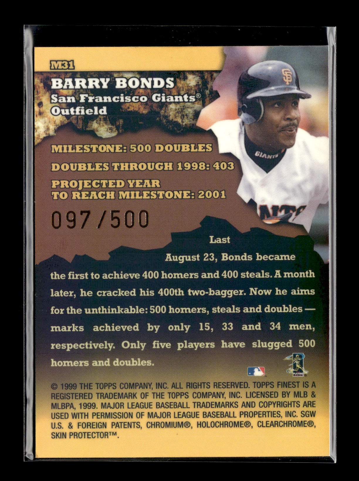 1999 Finest Barry Bonds #M31 Milestones #/500 San Francisco Giants