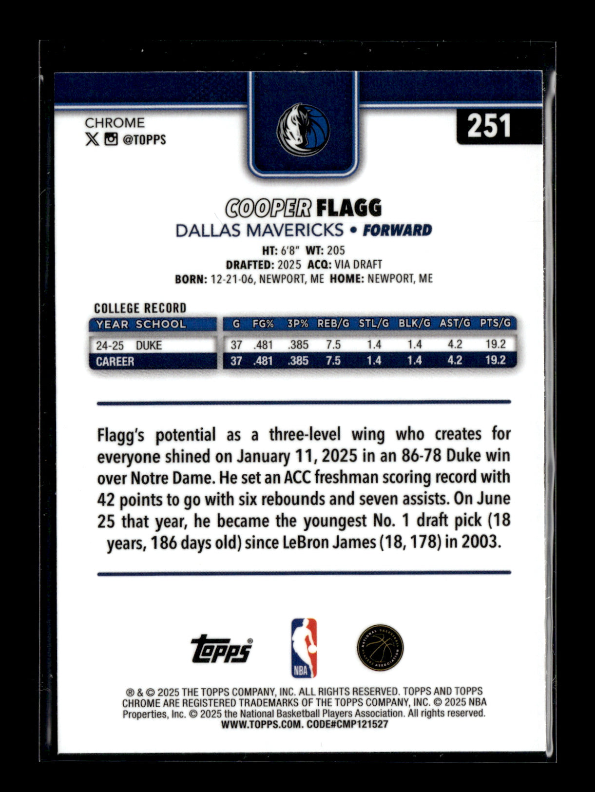 2025-26 Topps Chrome Cooper Flagg #251 Red White and Blue Refractor Dallas Mavericks