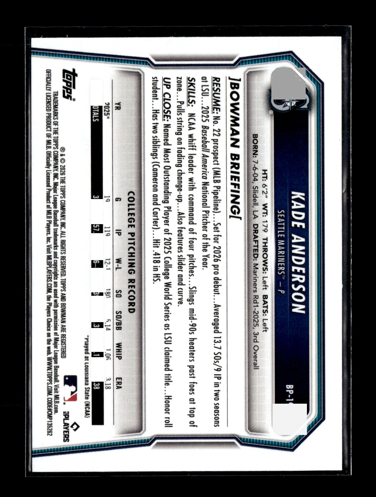 2026 Bowman Kade Anderson #BP-19 Prospects Sky Blue #/499 Seattle Mariners