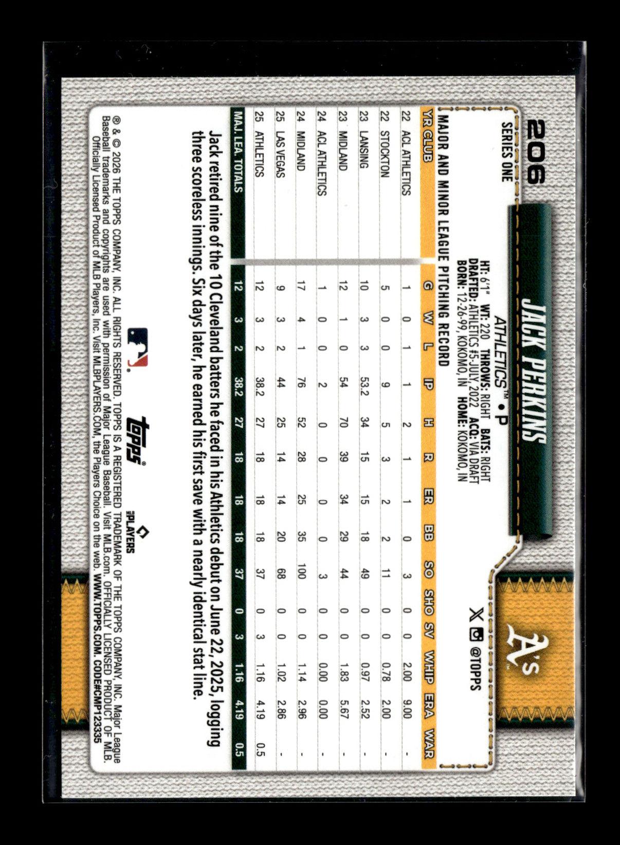 2026 Topps Jack Perkins #206 Team Color Border Athletics