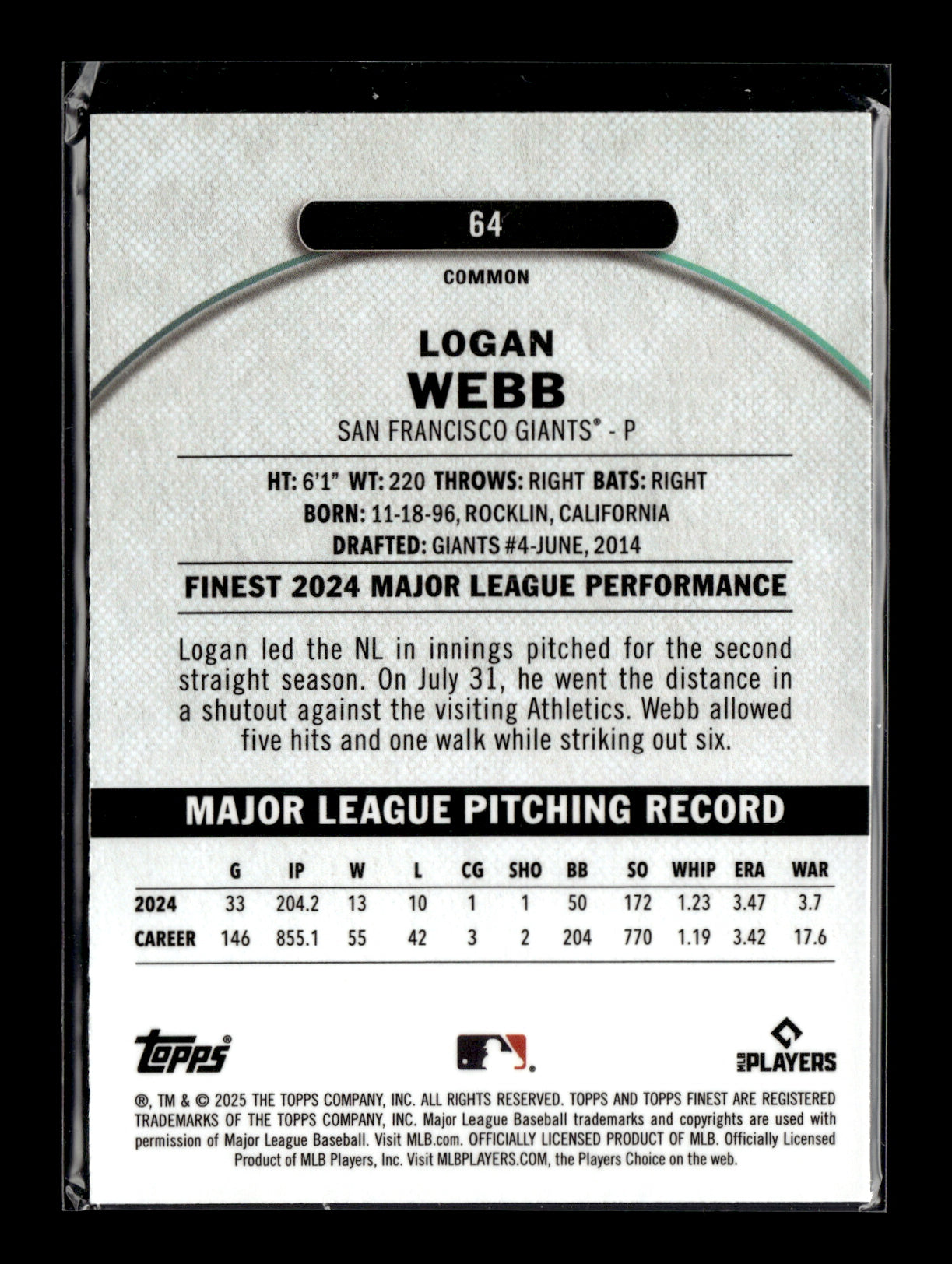 2025 Finest Logan Webb #64 Sky Blue Refractors #/325 San Francisco Giants