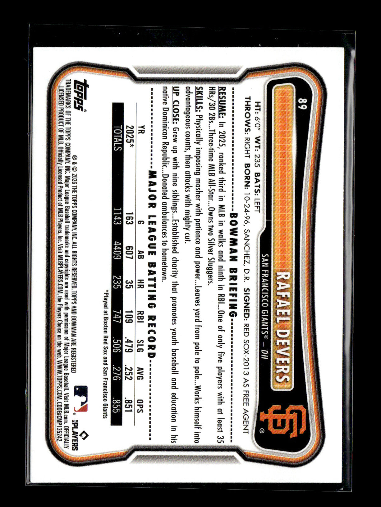 2026 Bowman Rafael Devers #89 Neon Green #/399 San Francisco Giants