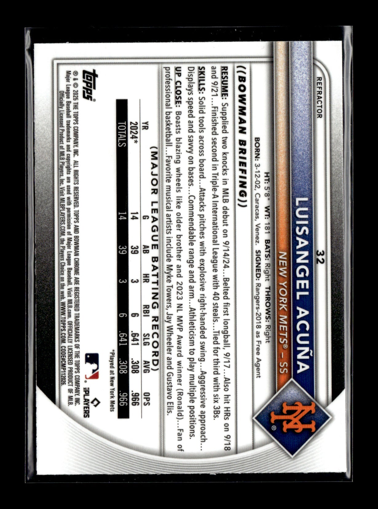 2025 Bowman Chrome Luisangel Acuña #32 Refractor #/499 New York Mets