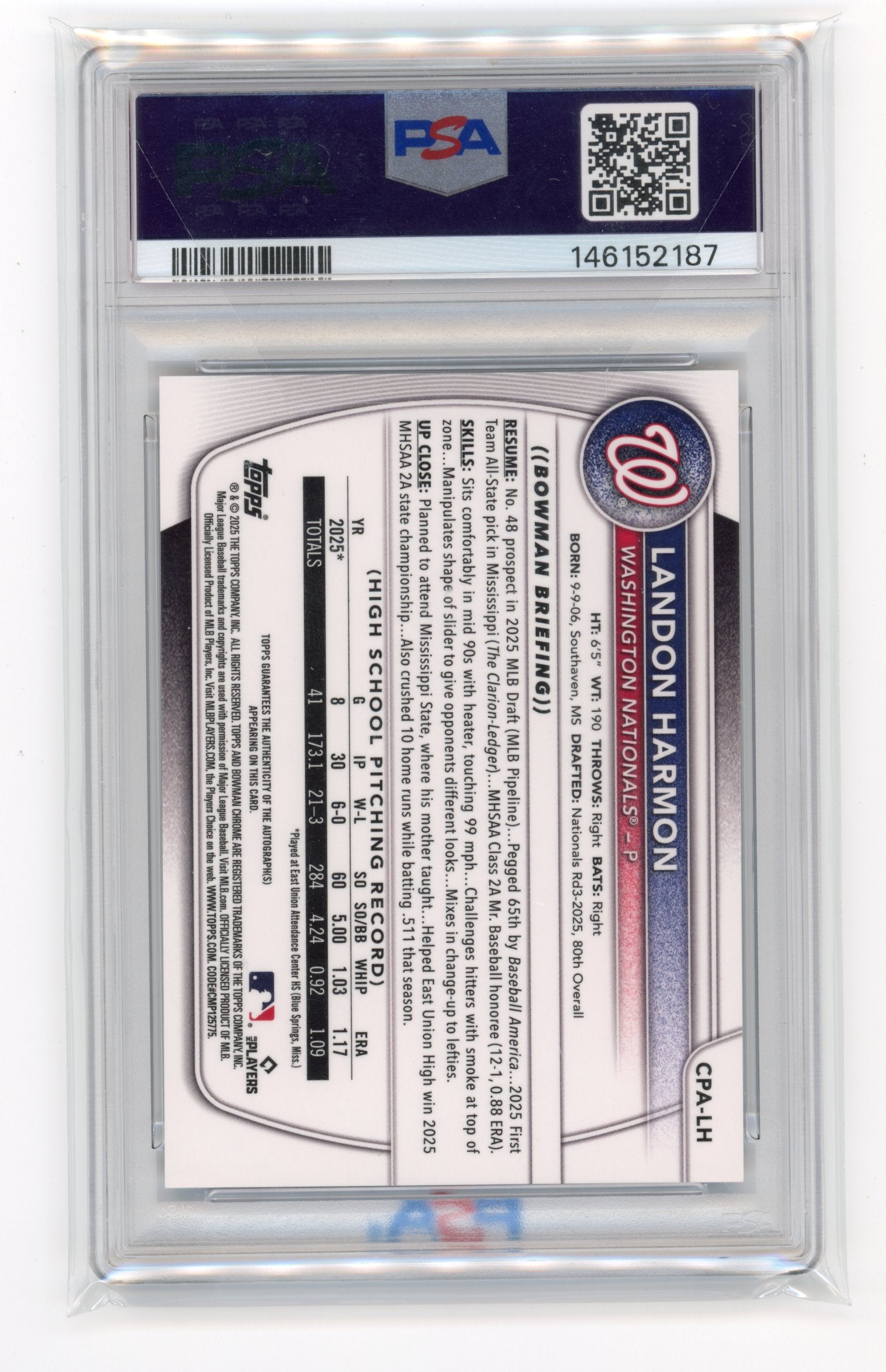 2025 Bowman Draft Landon Harmon #CPA-LH Chrome Prospect Autographs Purple Refractor #/250 Washington Nationals