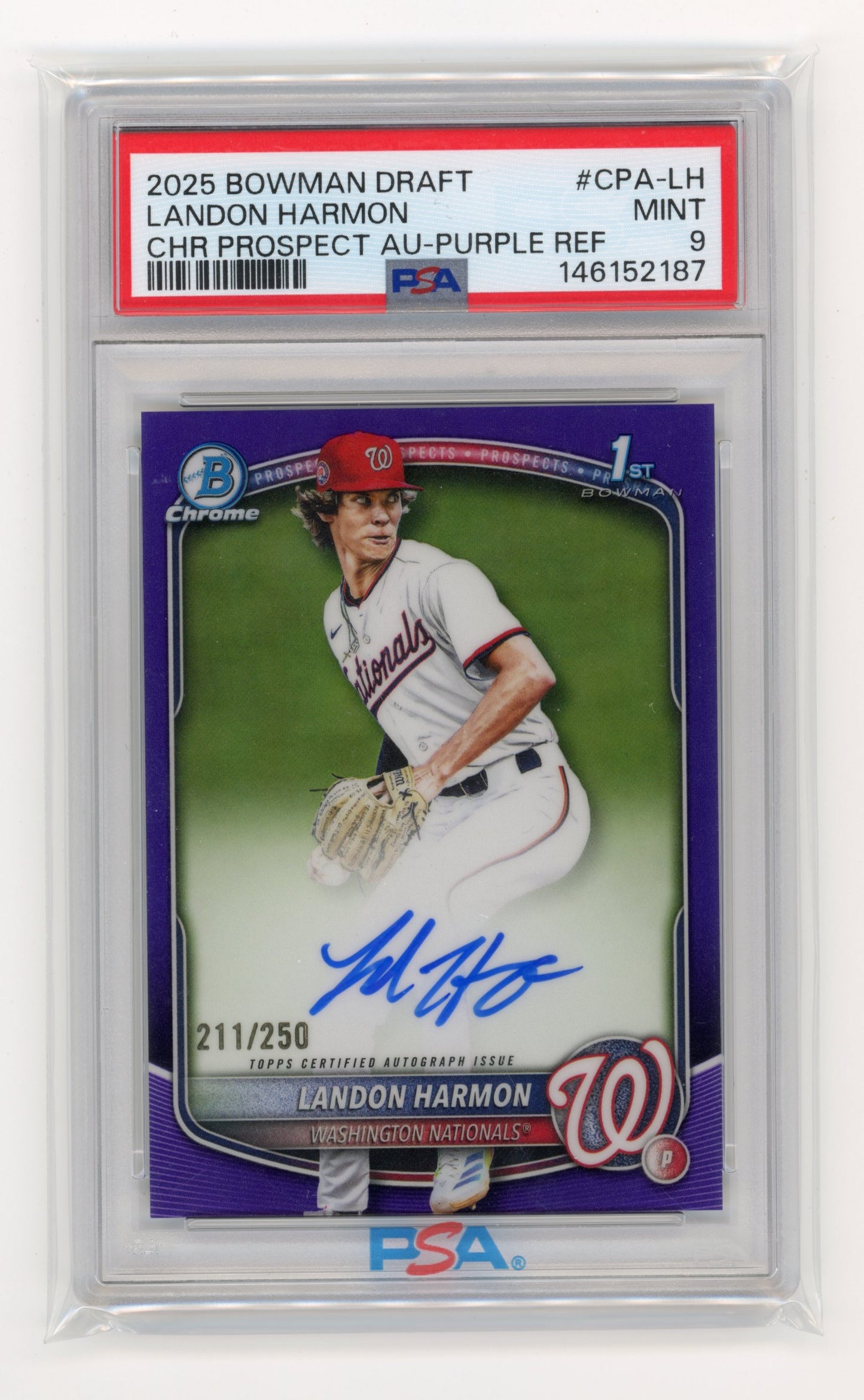 2025 Bowman Draft Landon Harmon #CPA-LH Chrome Prospect Autographs Purple Refractor #/250 Washington Nationals