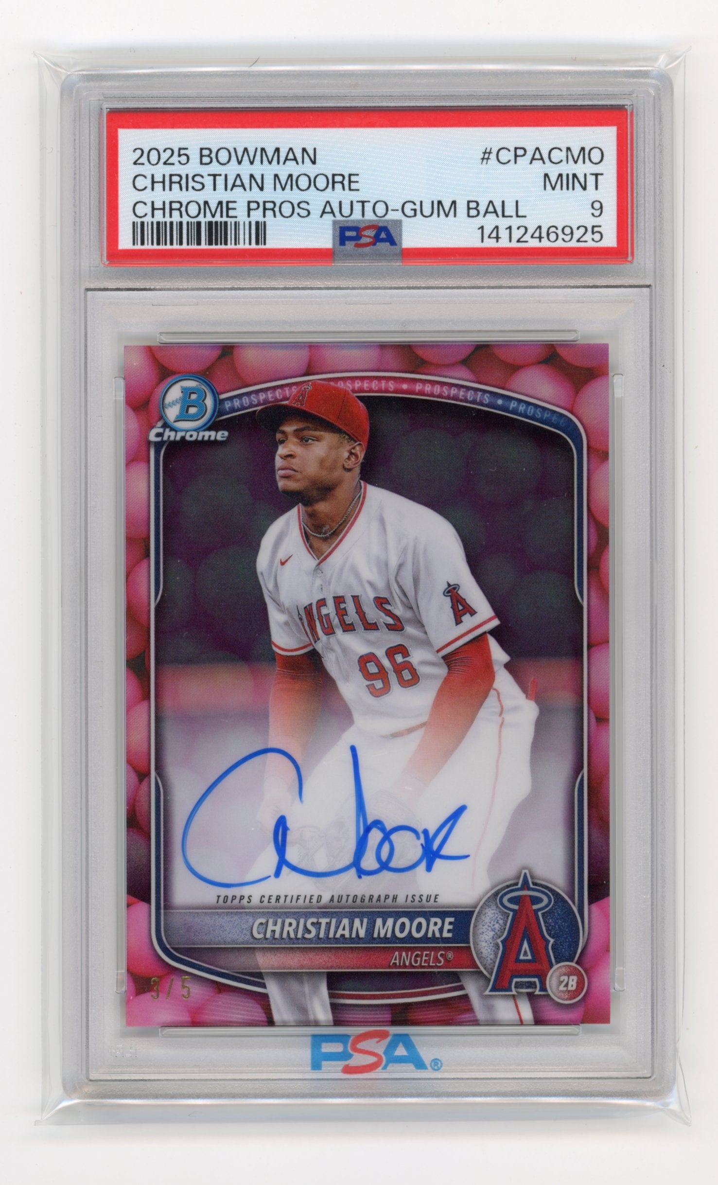 2025 Bowman Christian Moore #CPA-CMO Chrome Prospect Autographs Gumball Refractor #/5 Los Angeles Angels
