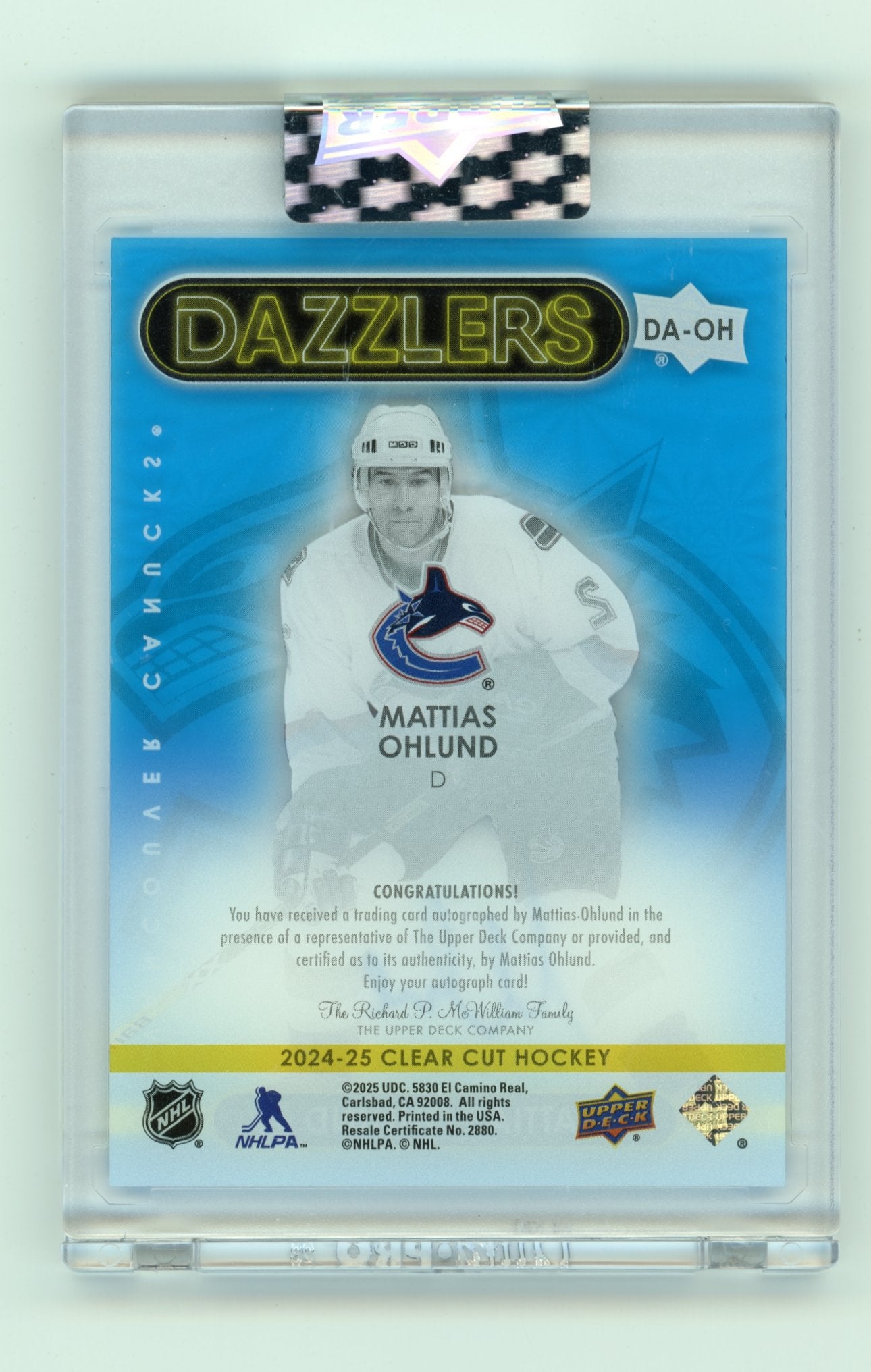 2024-25 Upper Deck Clear Cut Mattias Ohlund #DA-OH 2021-22 Upper Deck Dazzlers Vancouver Canucks