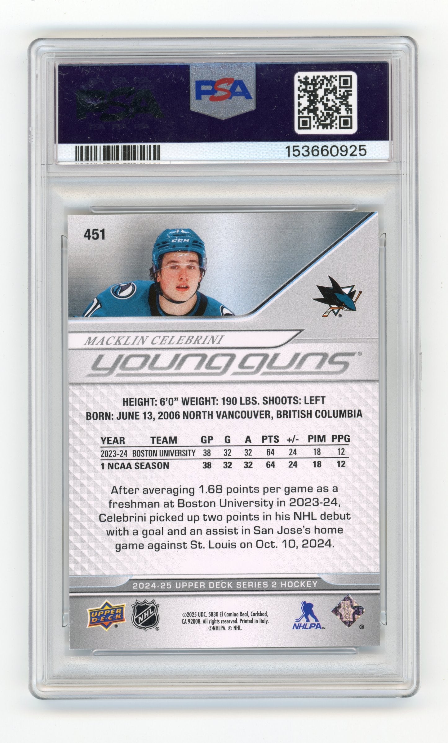 2024-25 Upper Deck Macklin Celebrini #451 San Jose Sharks