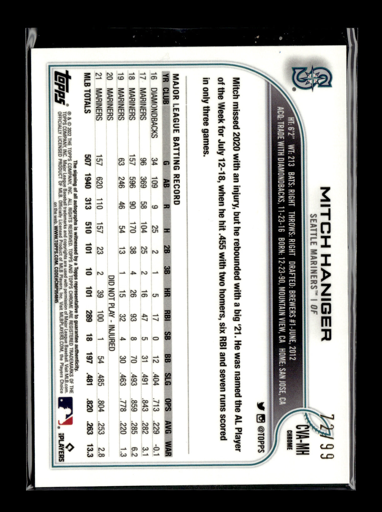 2022 Topps Chrome Mitch Haniger #CVA-MH Veteran Autographs Green Refractor #/99
