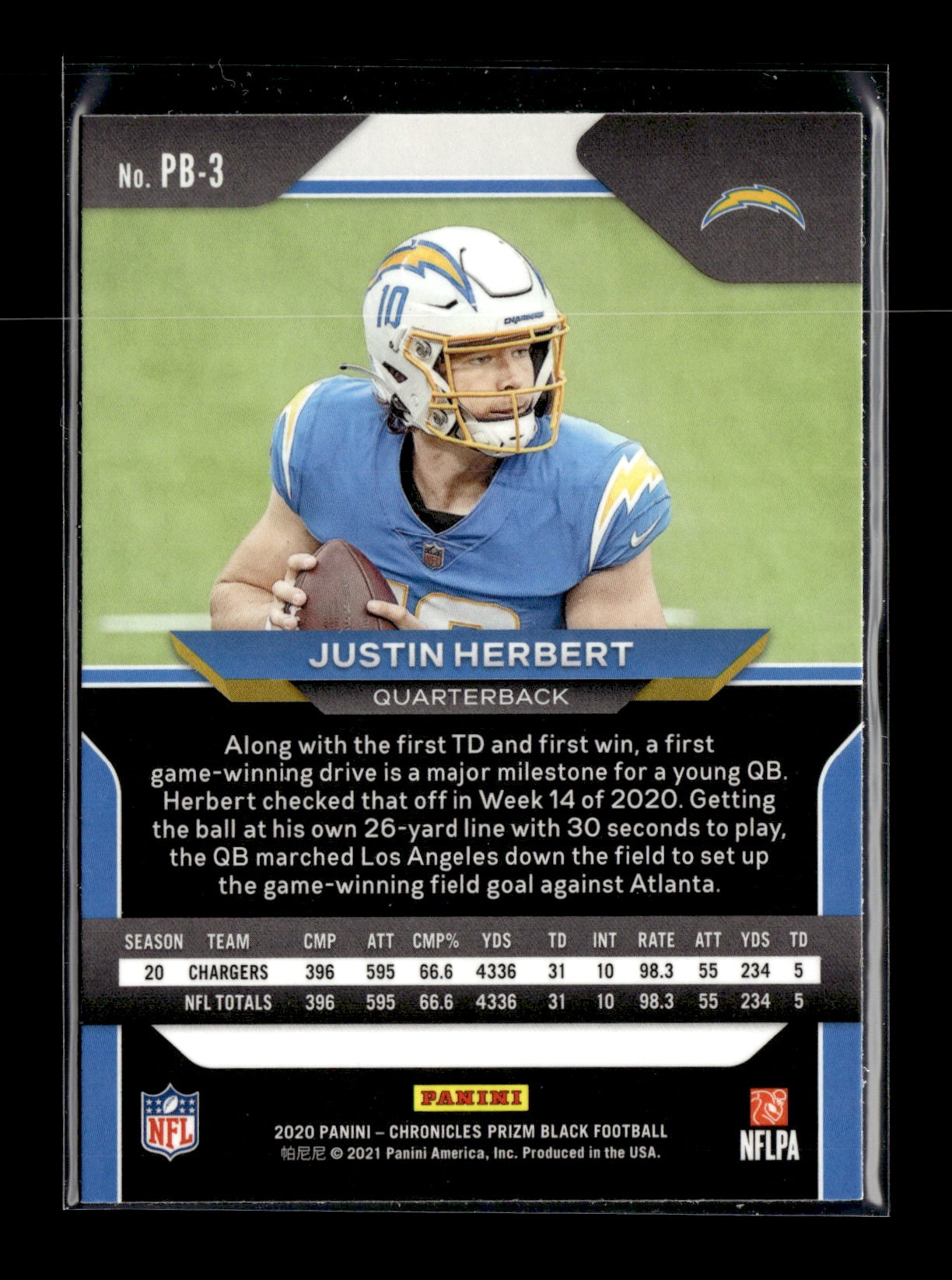 2020 Panini Chronicles Justin Herbert #PB-3 Prizm Black Los Angeles Chargers