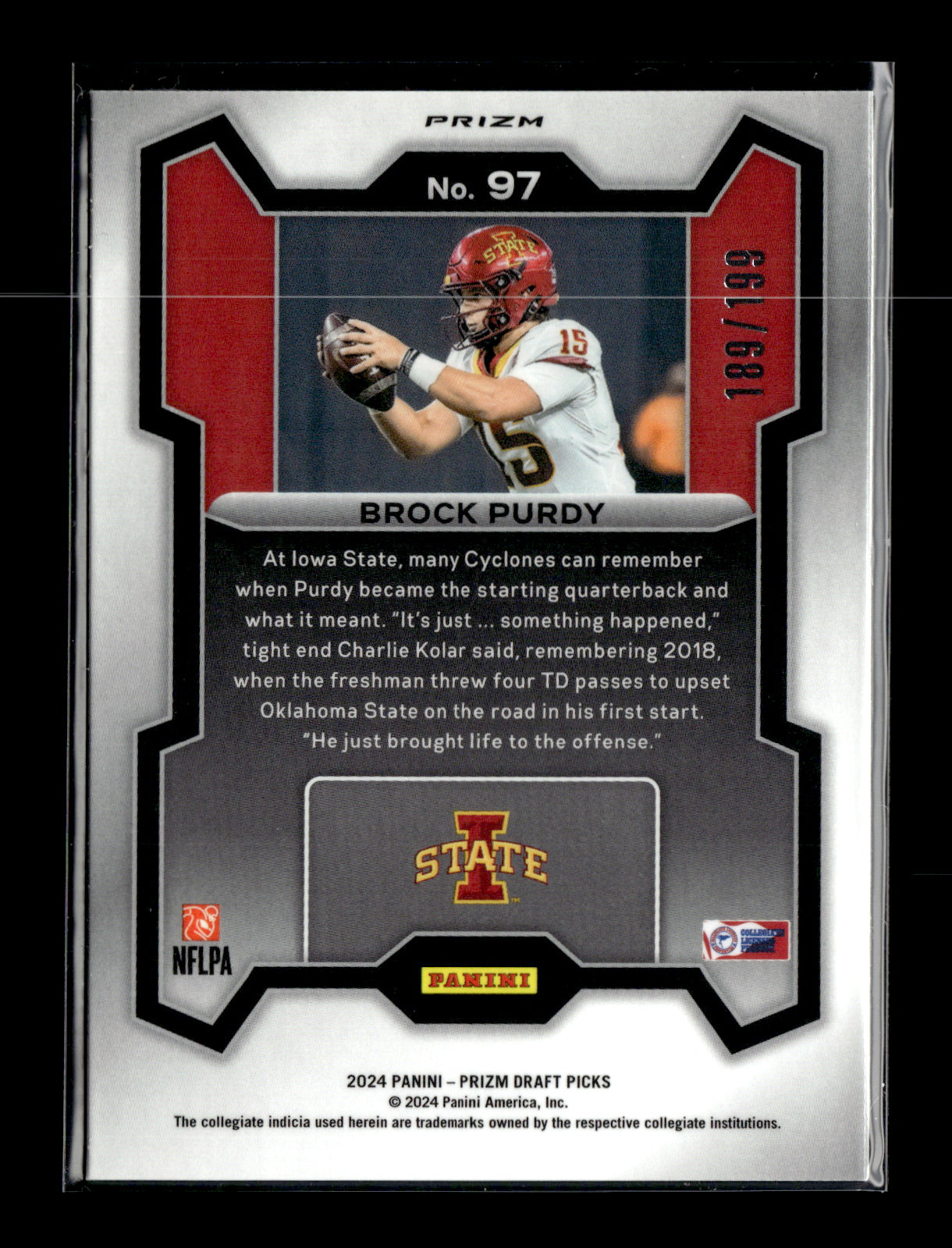2024 Panini Prizm Draft Picks Brock Purdy #97 Blue #/199 Iowa State Cyclones