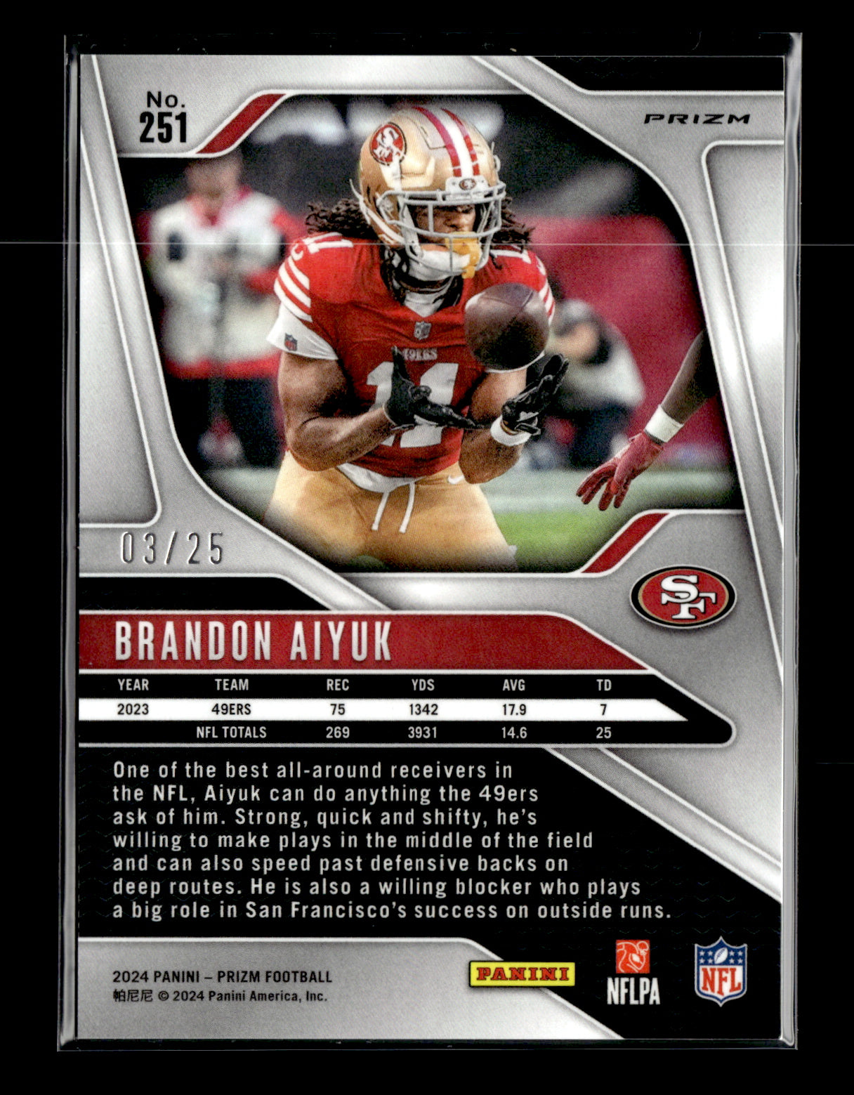 2024 Panini Prizm Brandon Aiyuk #251 Blue Shimmer #/25 San Francisco 49ers