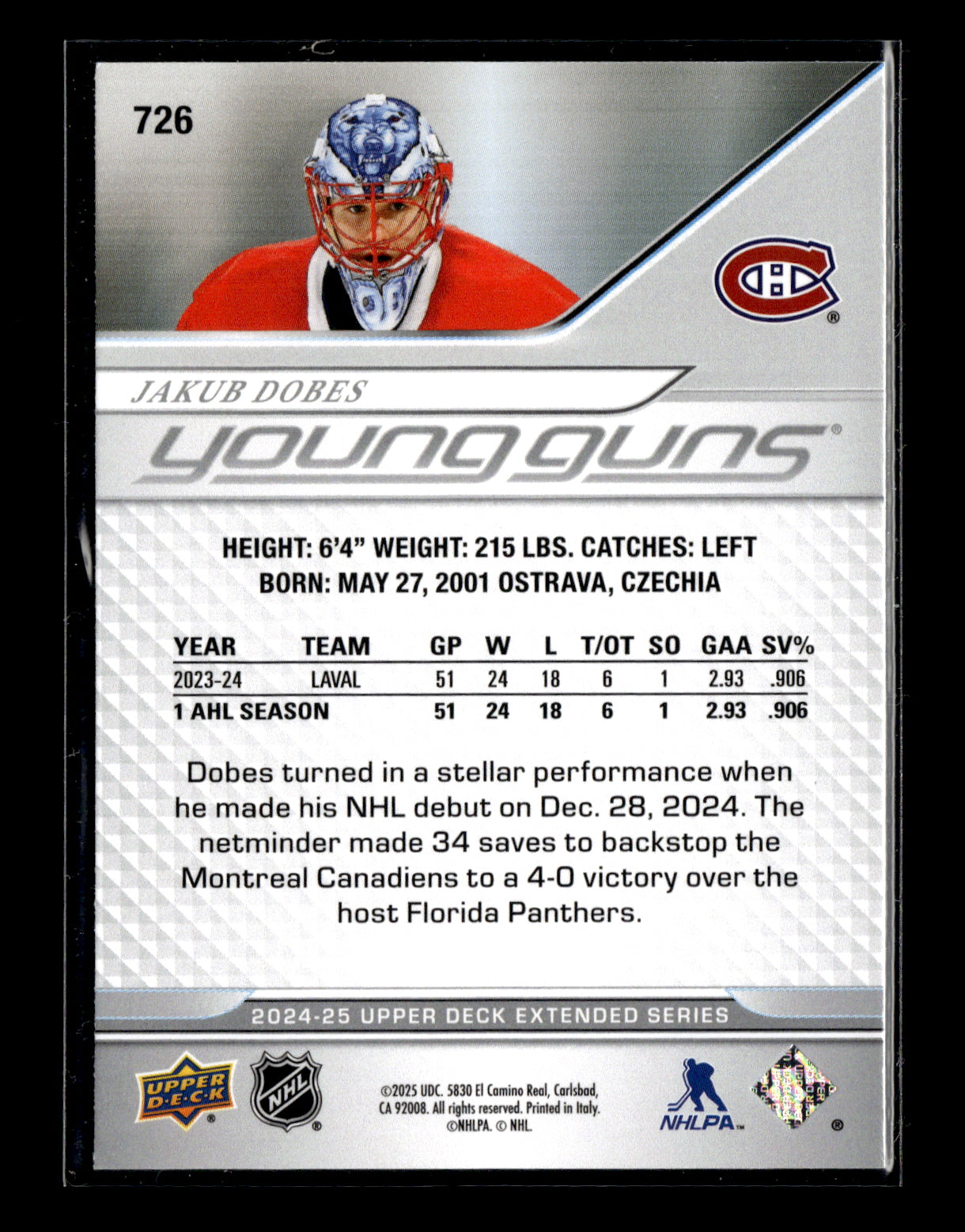 2024-25 Upper Deck Jakub Dobes #726 Montreal Canadiens