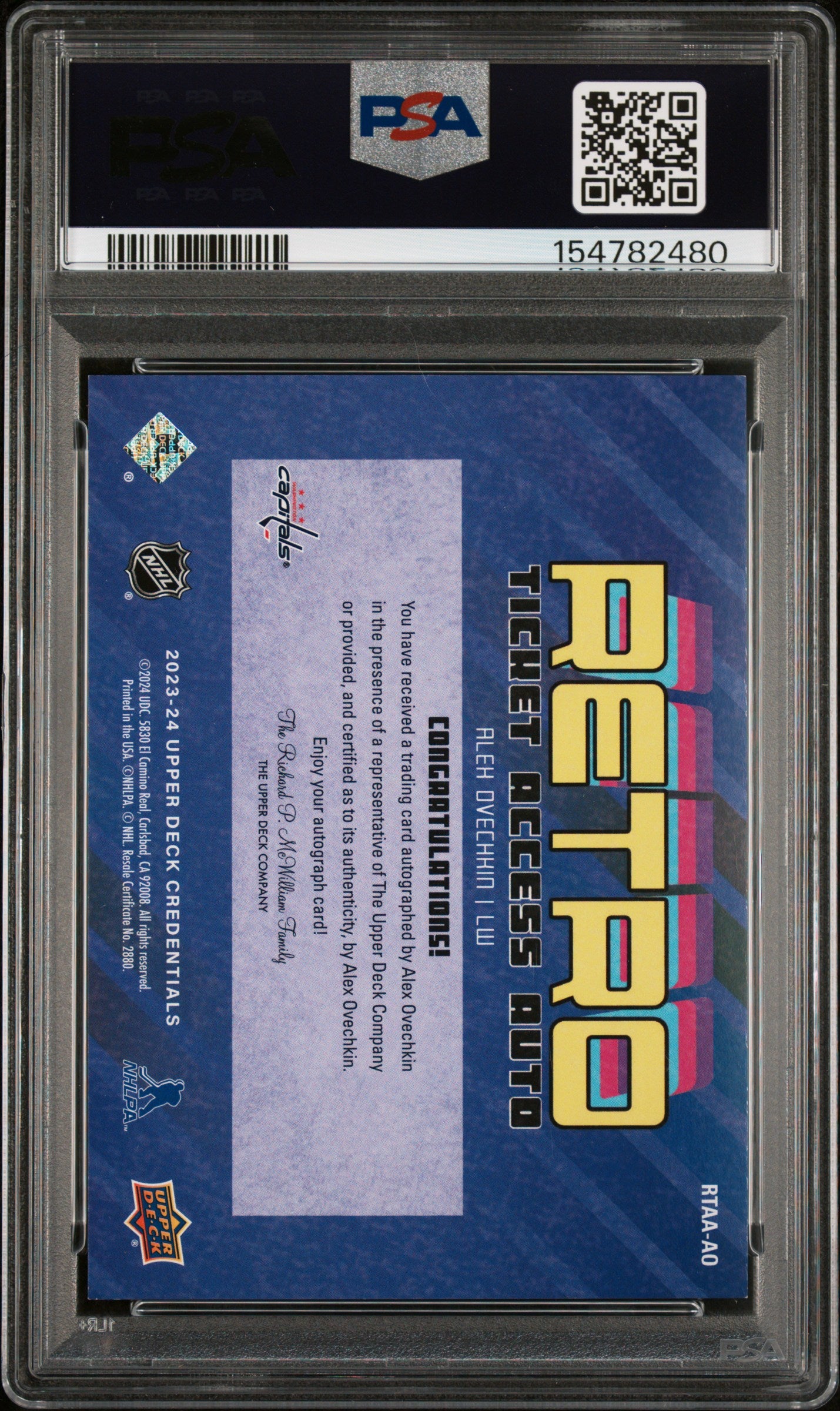 2023 Upper Deck Credentials Retro Ticket Access Autographs Alex Ovechkin Retro Ticket Access Red PSA 8