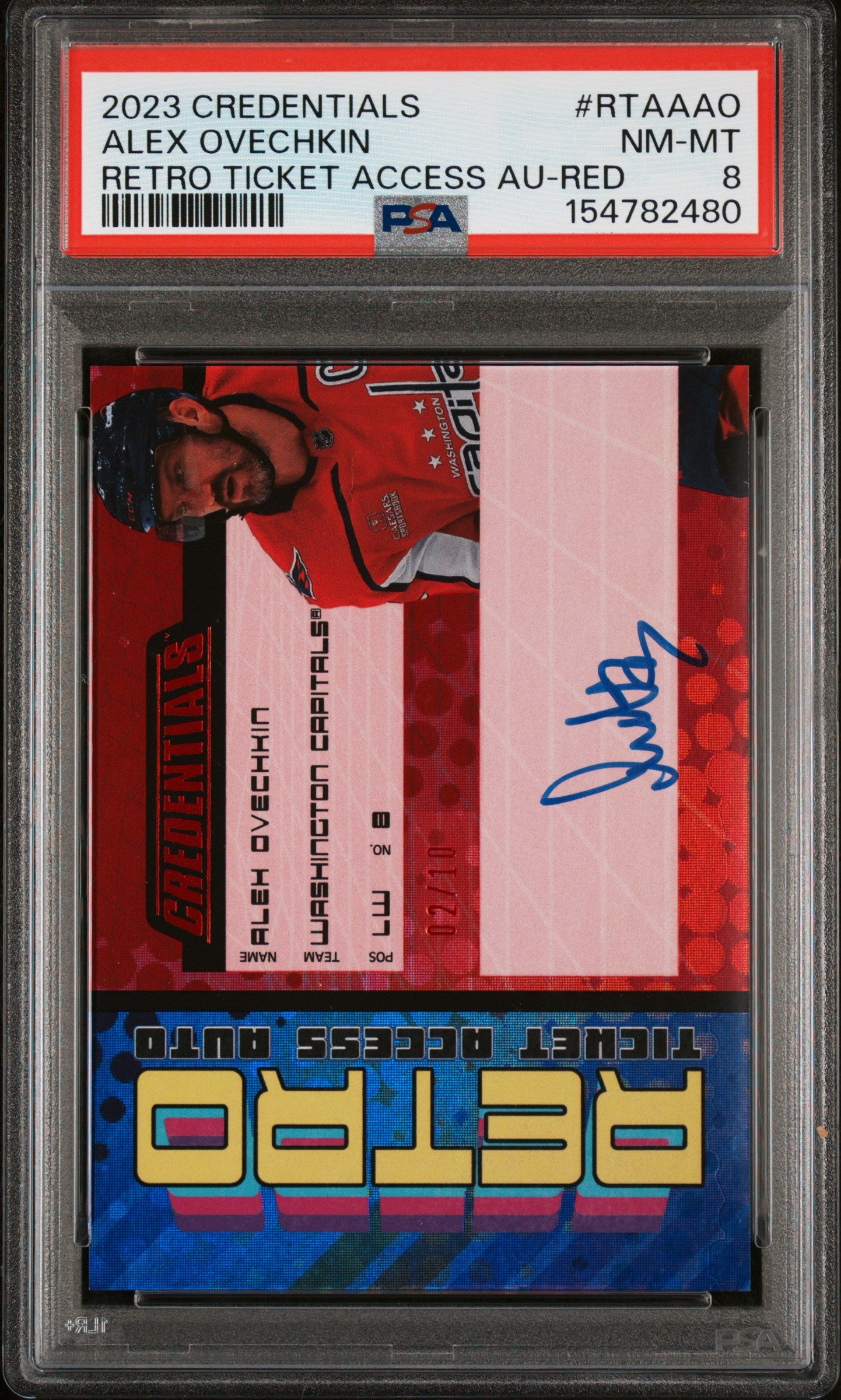 2023 Upper Deck Credentials Retro Ticket Access Autographs Alex Ovechkin Retro Ticket Access Red PSA 8