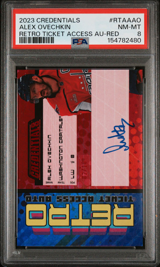2023 Upper Deck Credentials Retro Ticket Access Autographs Alex Ovechkin Retro Ticket Access Red PSA 8