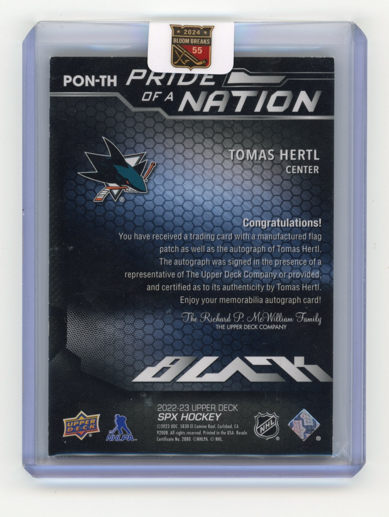 2025-26 SPx Tomas Hertl #PON-TH 2022-23 Update - UD Black Pride of a Nation Autograph Patch #/99 San Jose Sharks