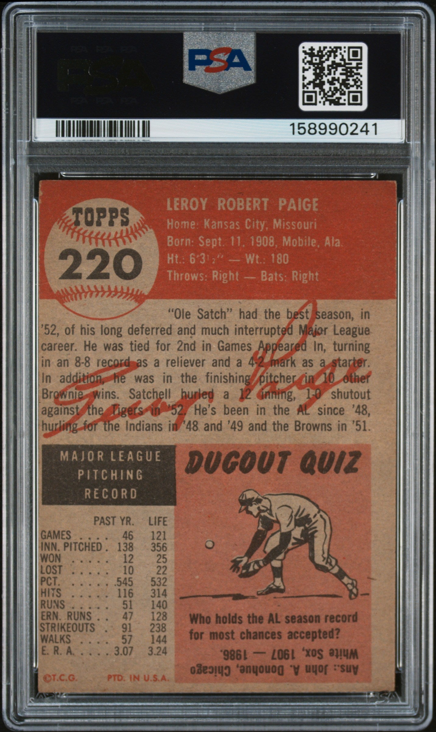 1953 Topps Satchell Paige #220 PSA 4