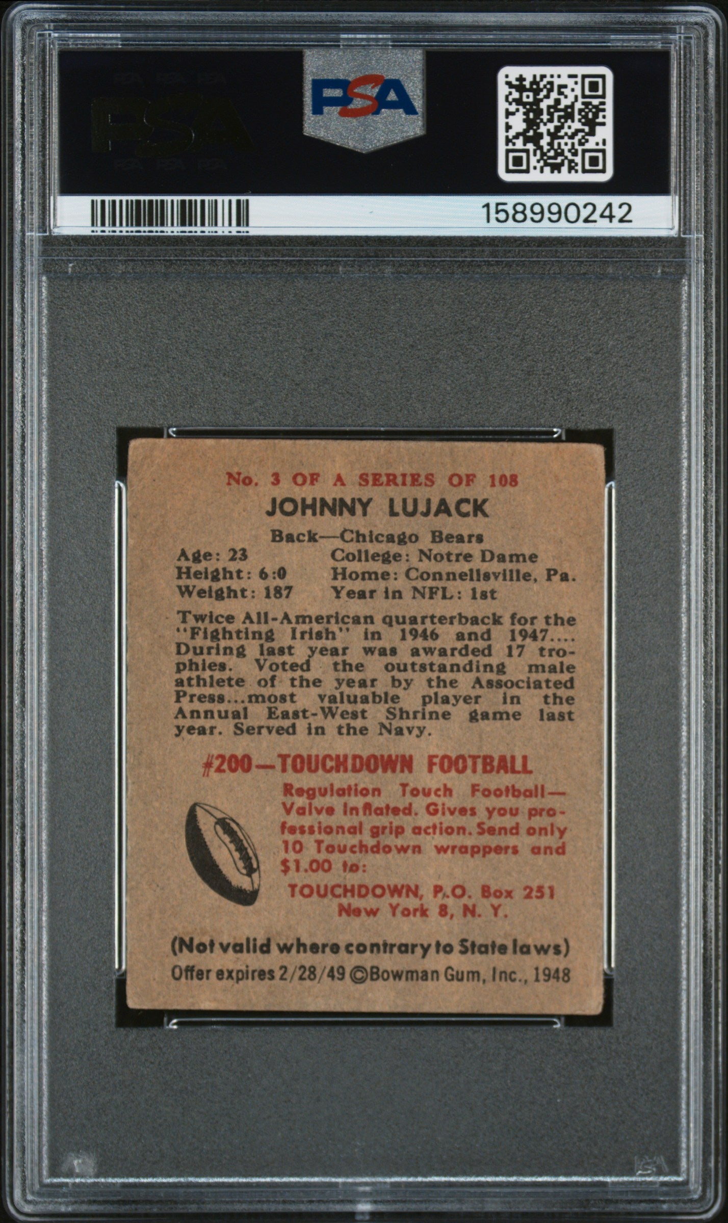 1948 Bowman John Lujack #3 PSA 2.5