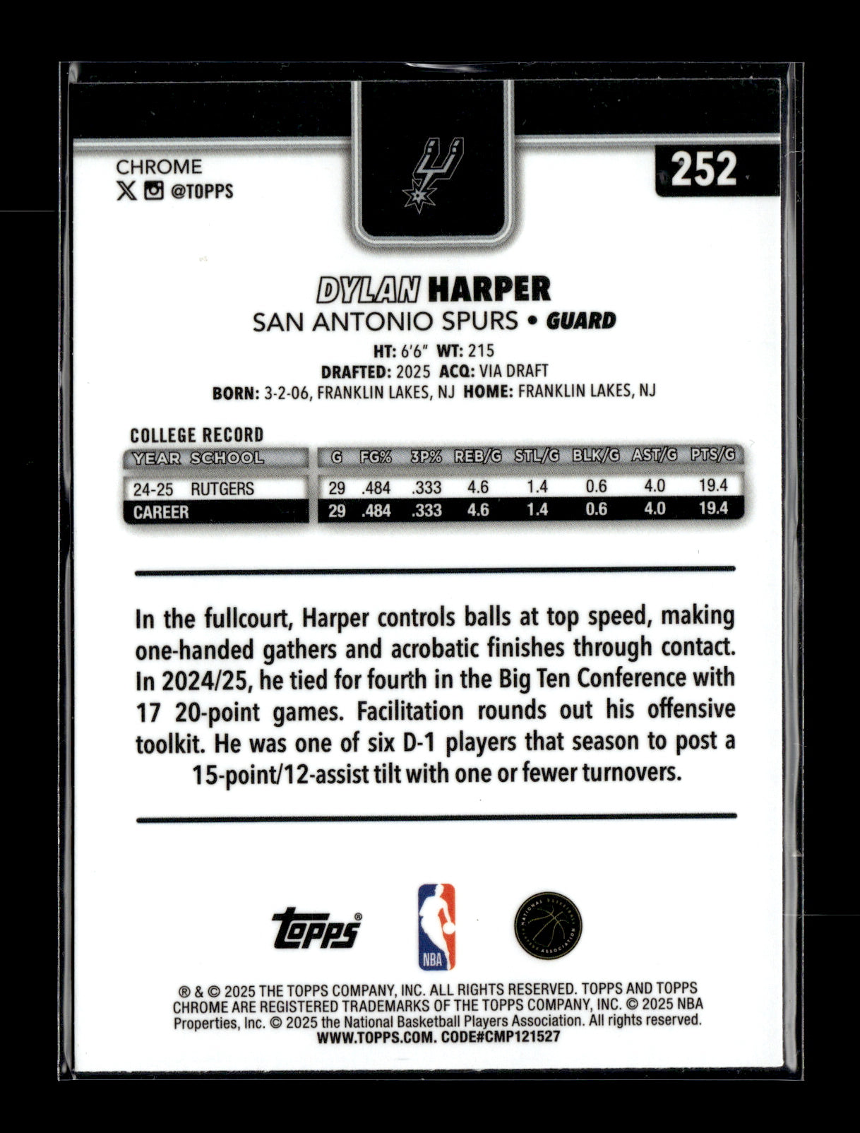 2025-26 Topps Chrome Dylan Harper #252 San Antonio Spurs