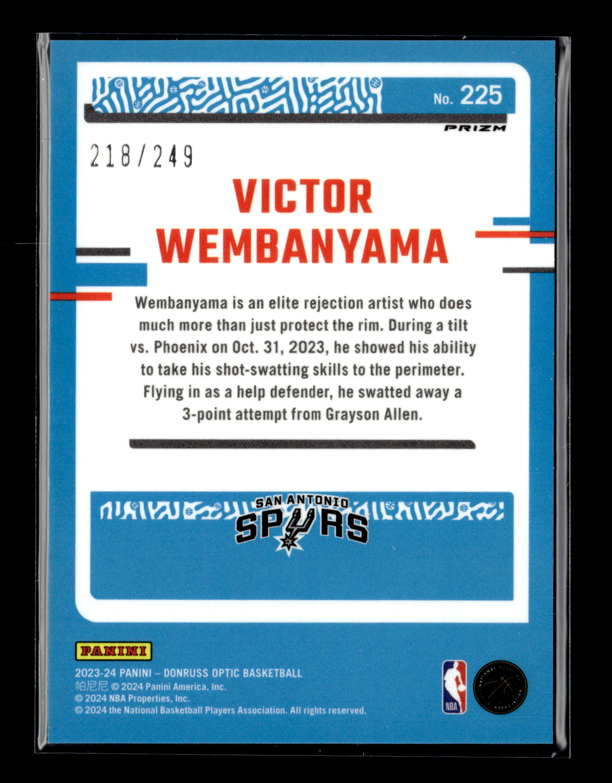 2023-24 Donruss Optic Victor Wembanyama #225 Blue Seismic #/249 San Antonio Spurs