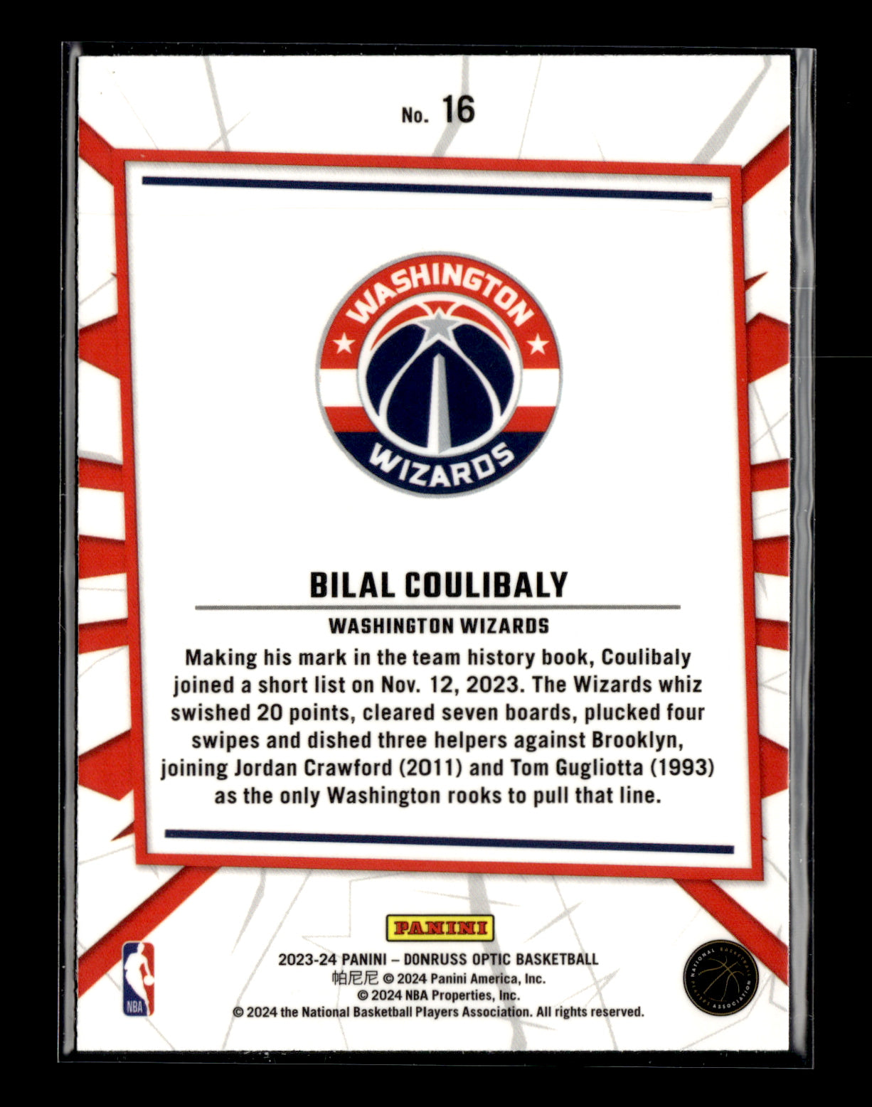 2023-24 Donruss Optic Bilal Coulibaly #16 My House Washington Wizards