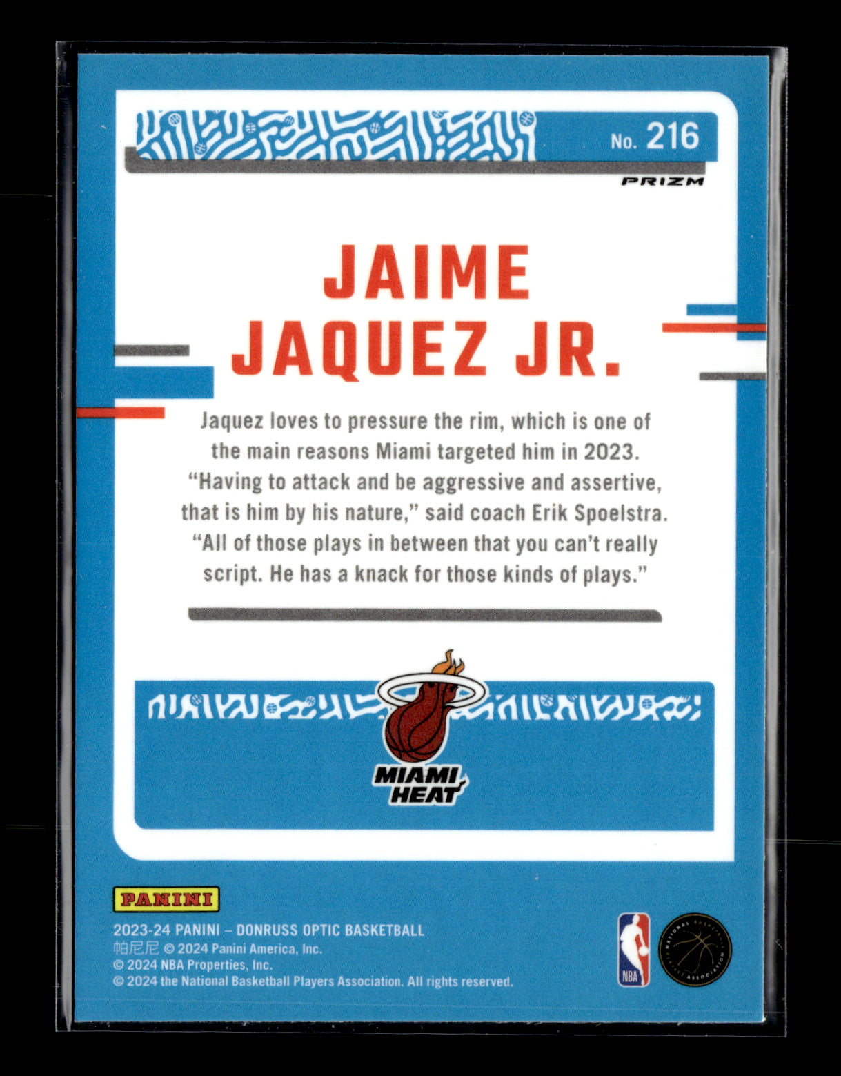 2023-24 Donruss Optic Jaime Jaquez Jr. #216 Purple Shock Miami Heat
